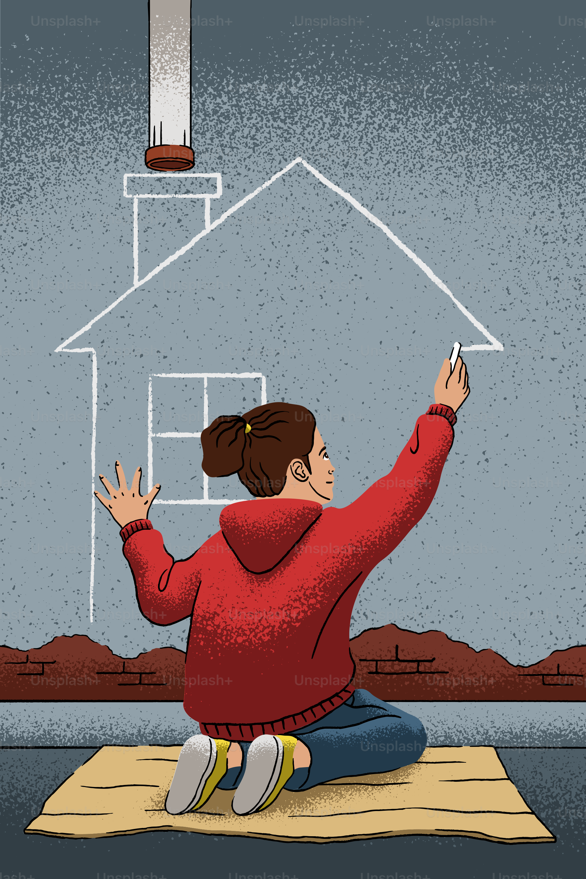 A woman is drawing a house on a wall.