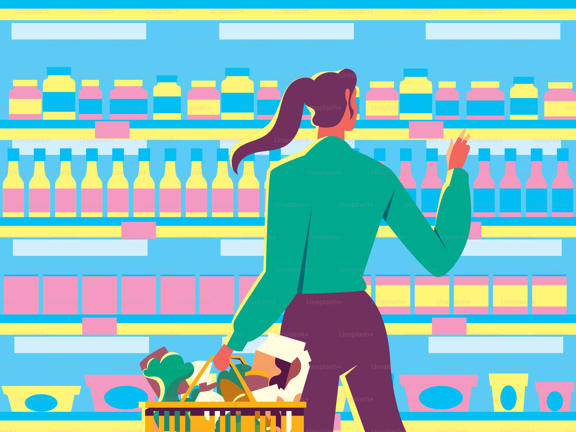 Woman shops in grocery store with cart and child.