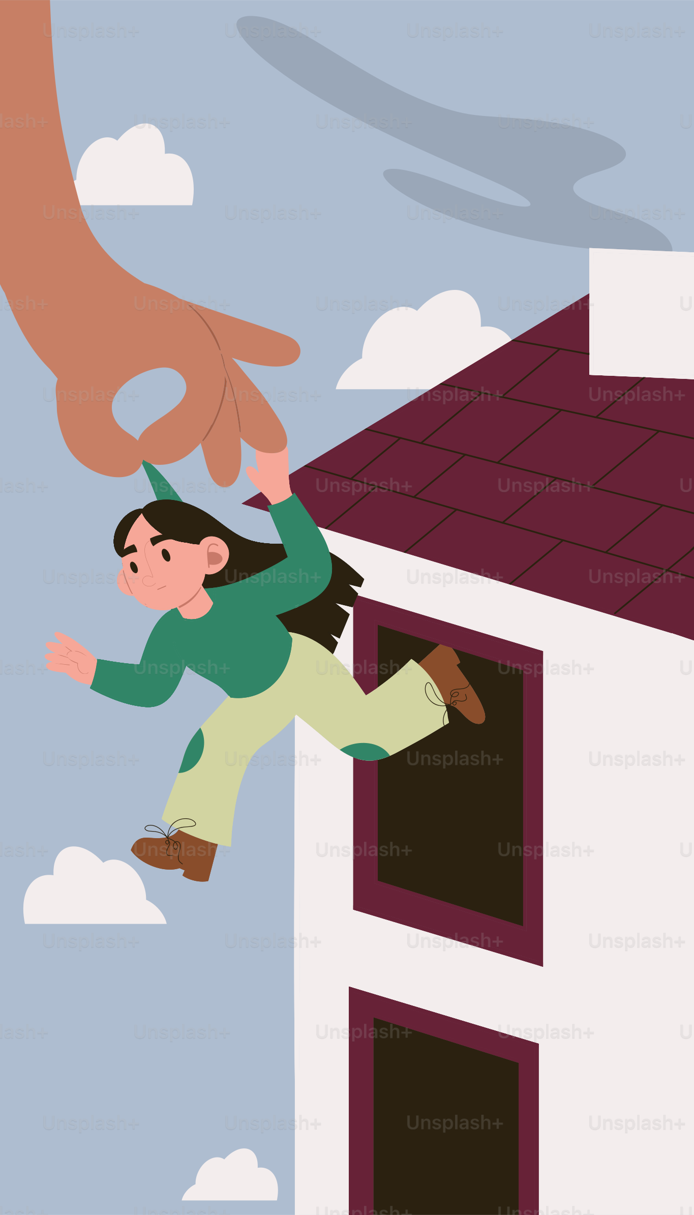 巨大な手が女の子を窓から引きずり出します。