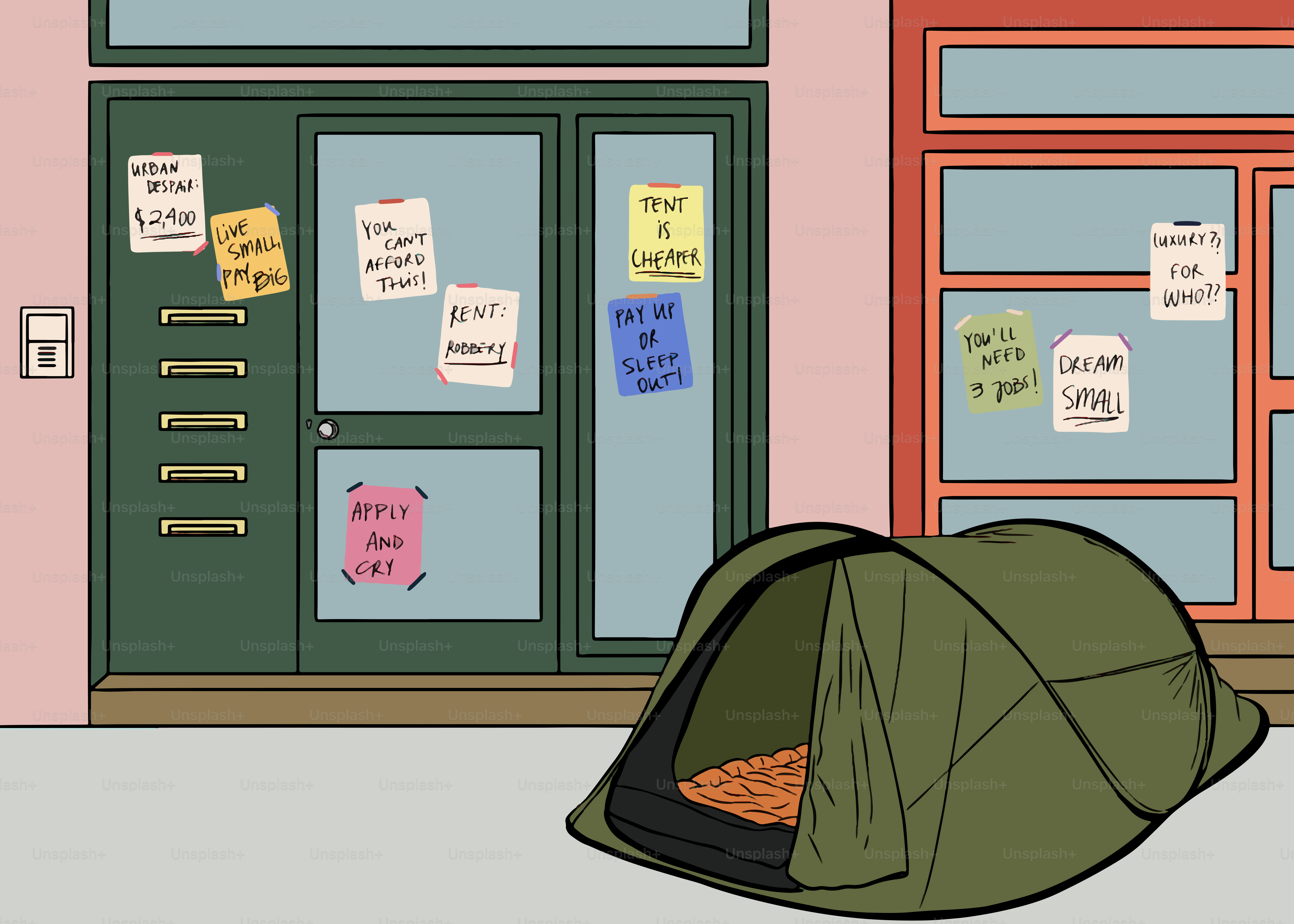 Una tenda si trova davanti a un edificio con cartelli.