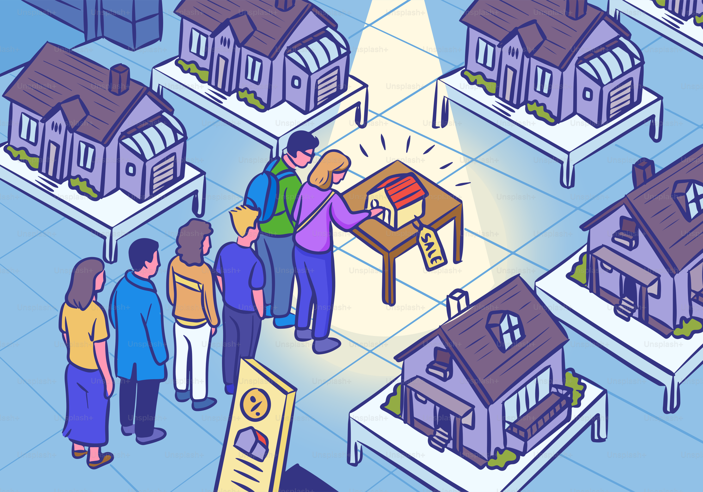 People are choosing a house at a real estate fair.