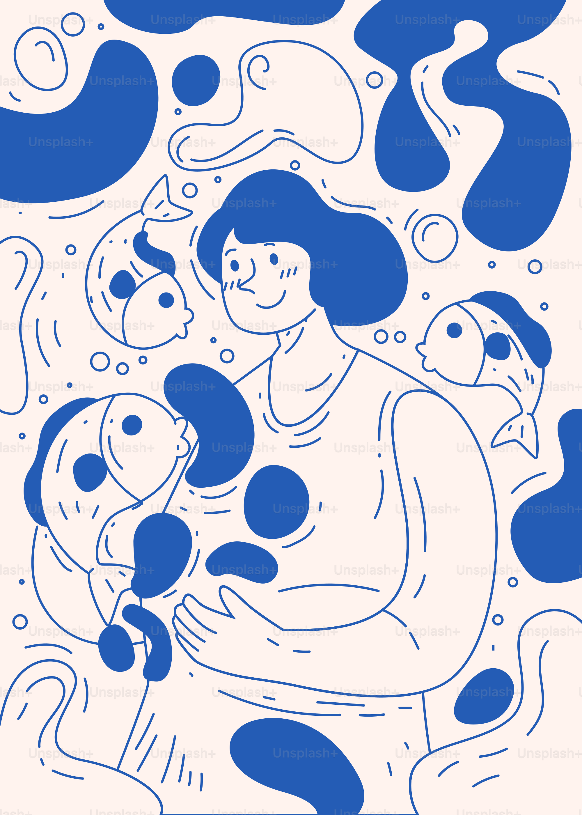 Une femme porte deux poissons dans une scène sous-marine fantaisiste.