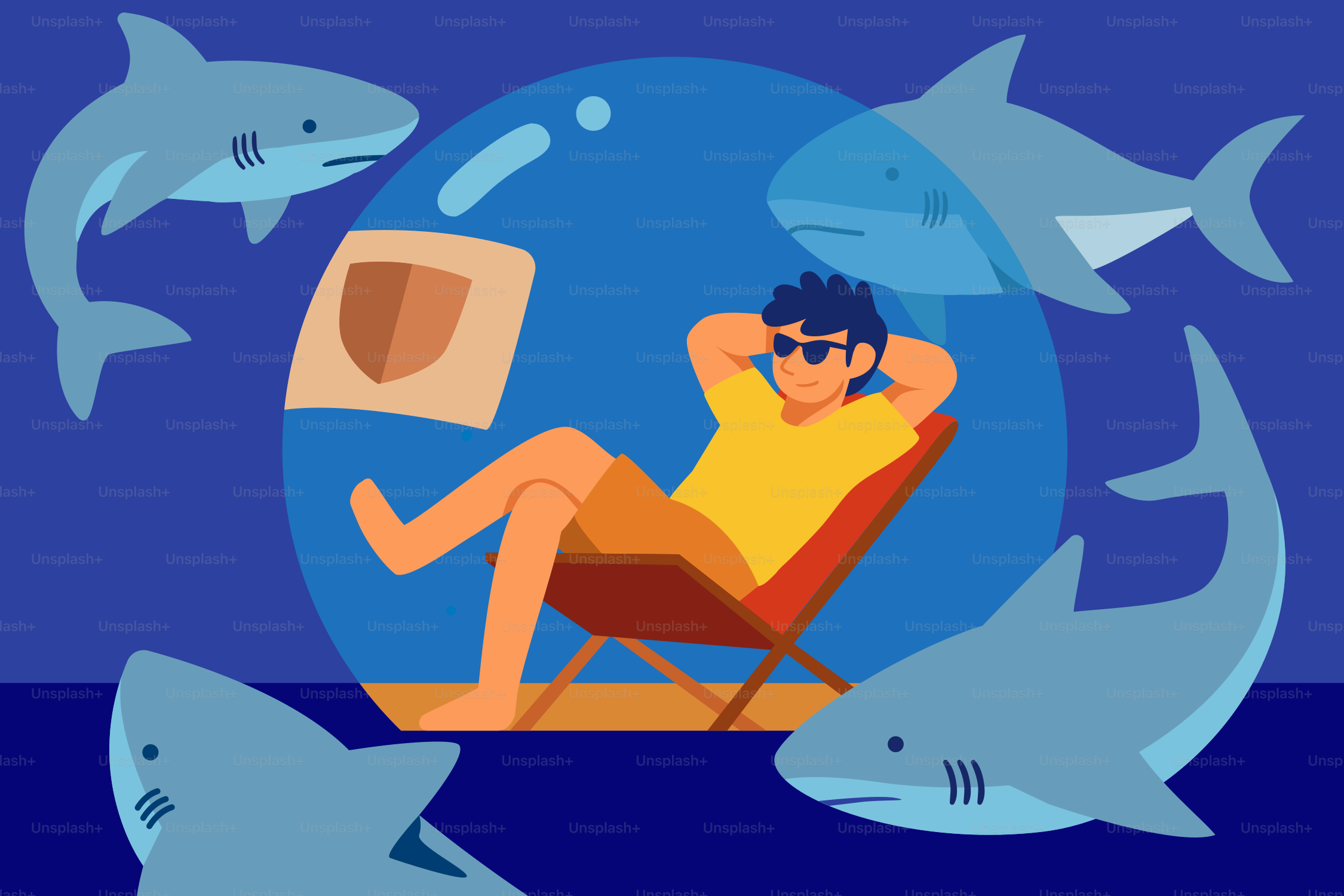 A relaxed man chills while sharks circle him.