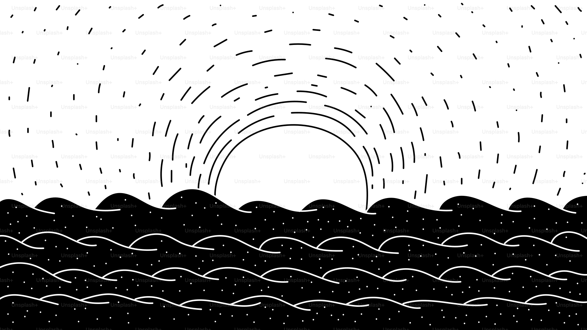 波打つ海の上で白黒で日の出。