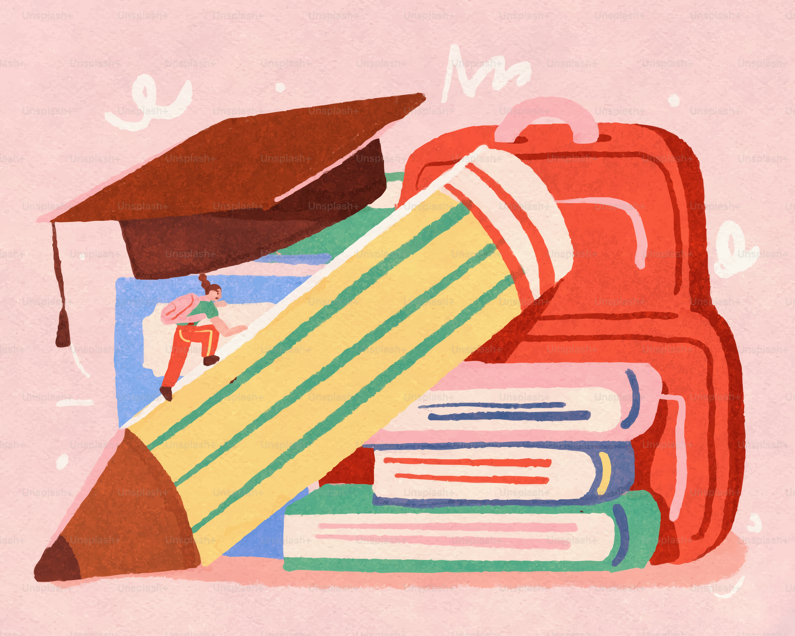 School supplies, books, and a graduation cap.