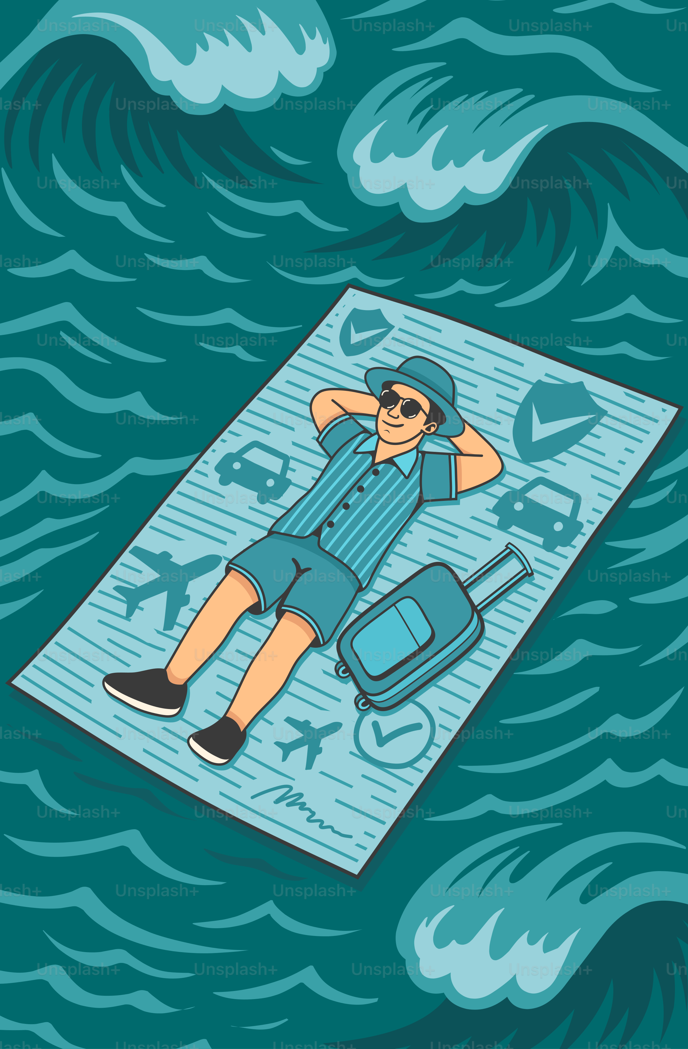 Traveler relaxes on a sea of insurance coverage.