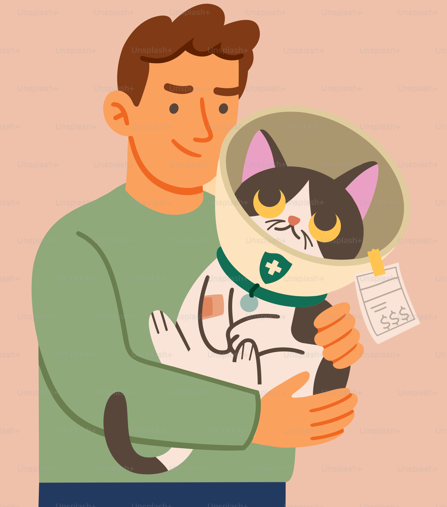 A man holds a cat with a cone.