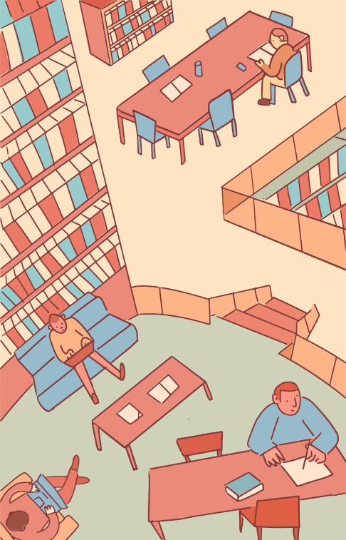 As pessoas estão lendo e trabalhando em um ambiente de biblioteca.
