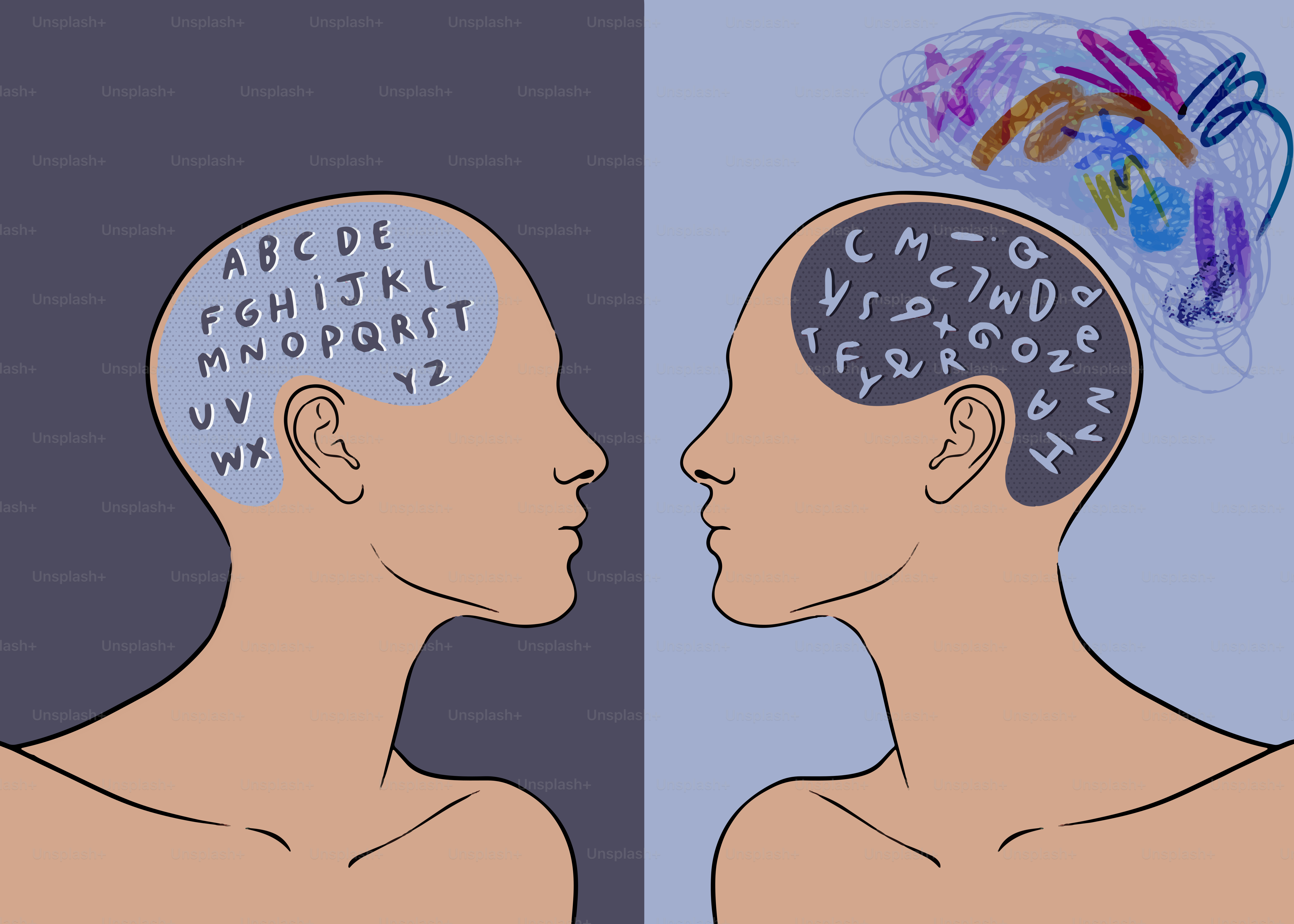 Organized and chaotic thoughts visualized in brains.