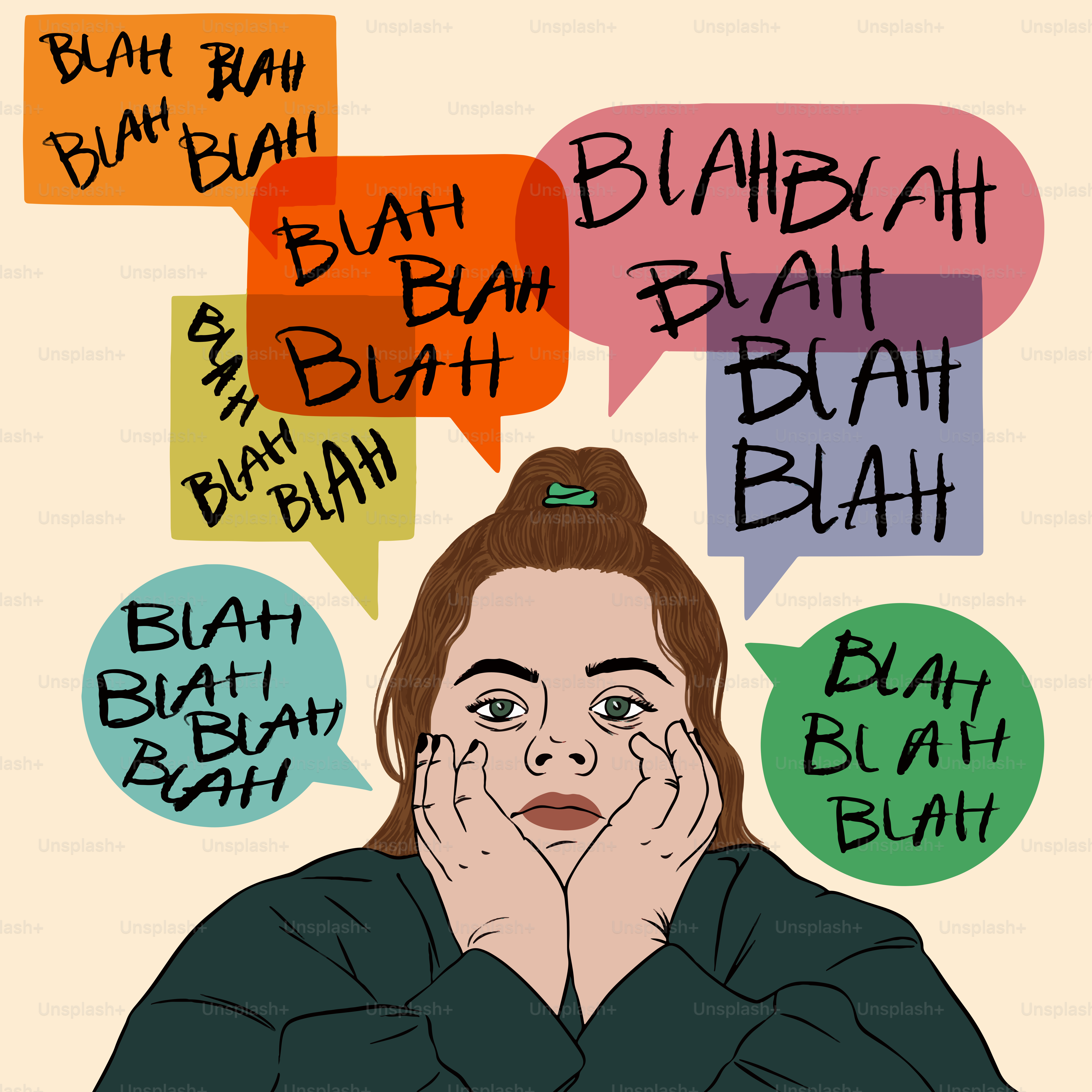 The woman is surrounded by a lot of "blah blah" speech.