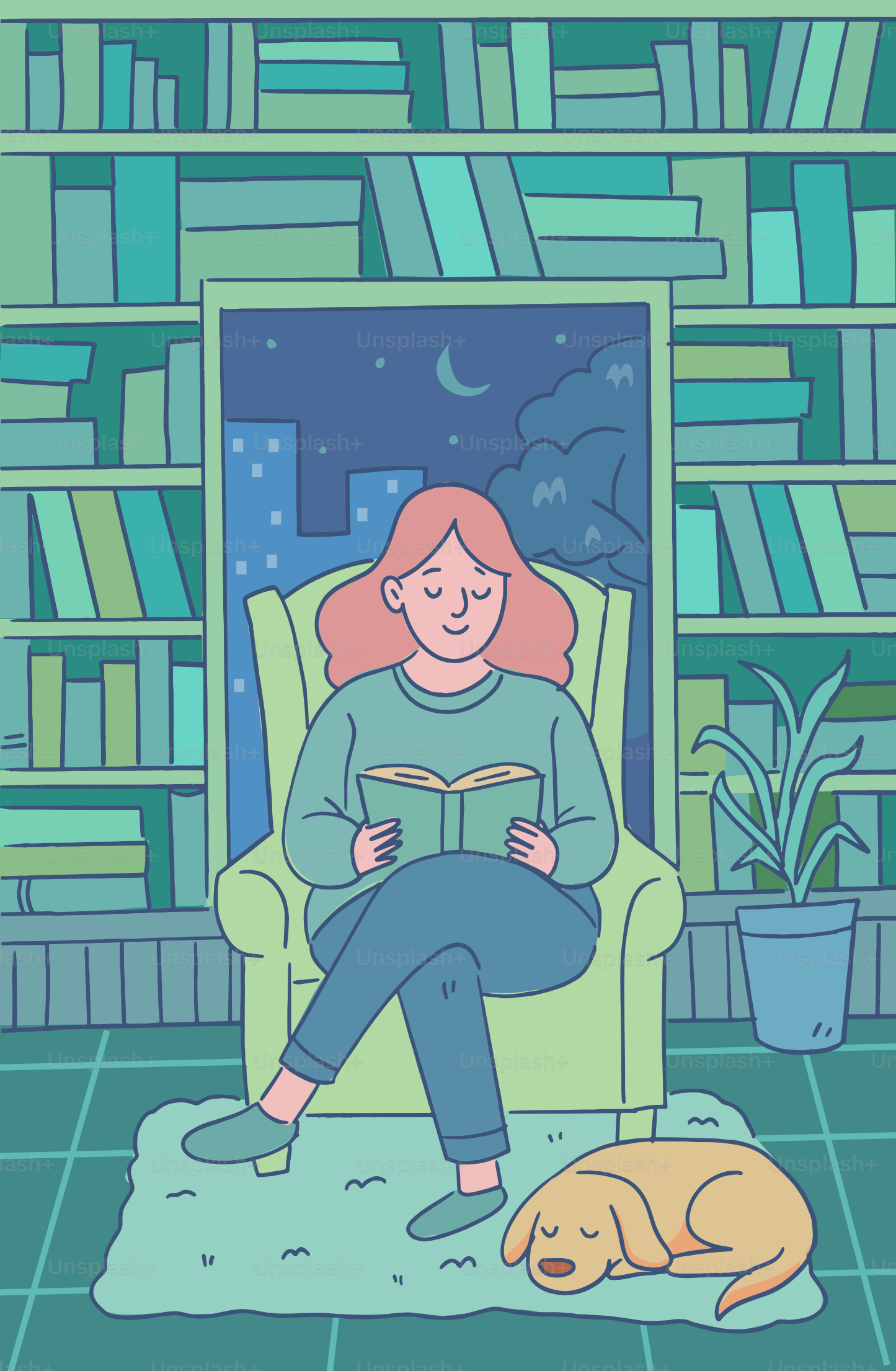 女性が犬が近くで眠っているのを見ながら読んでいます。