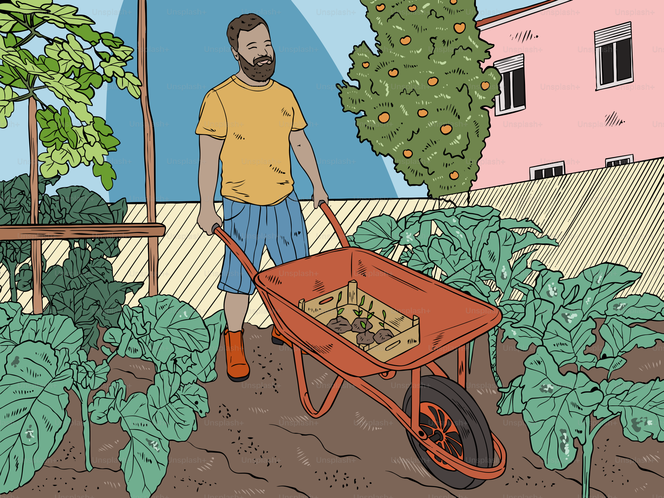 A man is pushing a wheelbarrow in a garden.