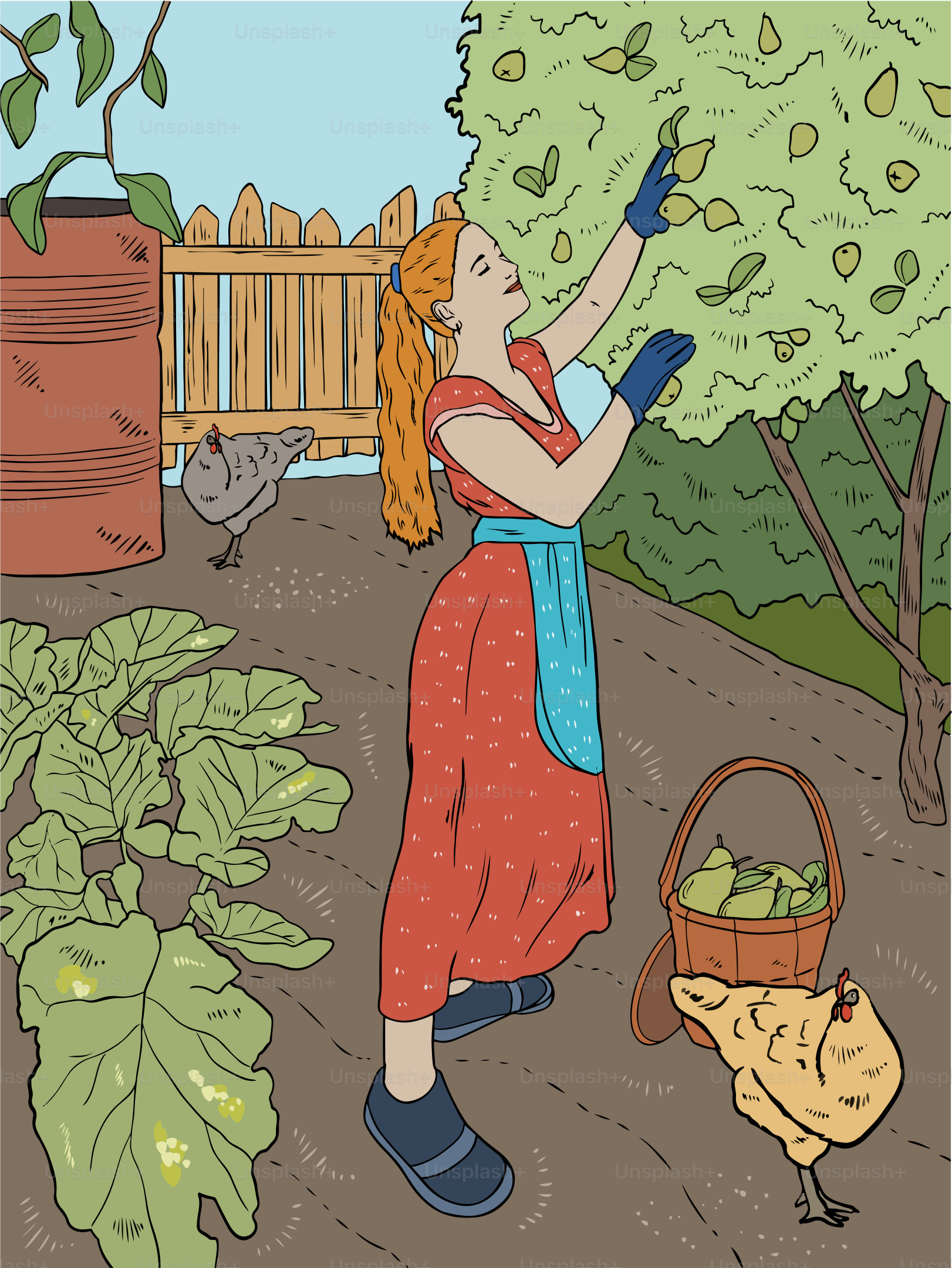 Una donna raccoglie prodotti nel suo giardino con le galline.