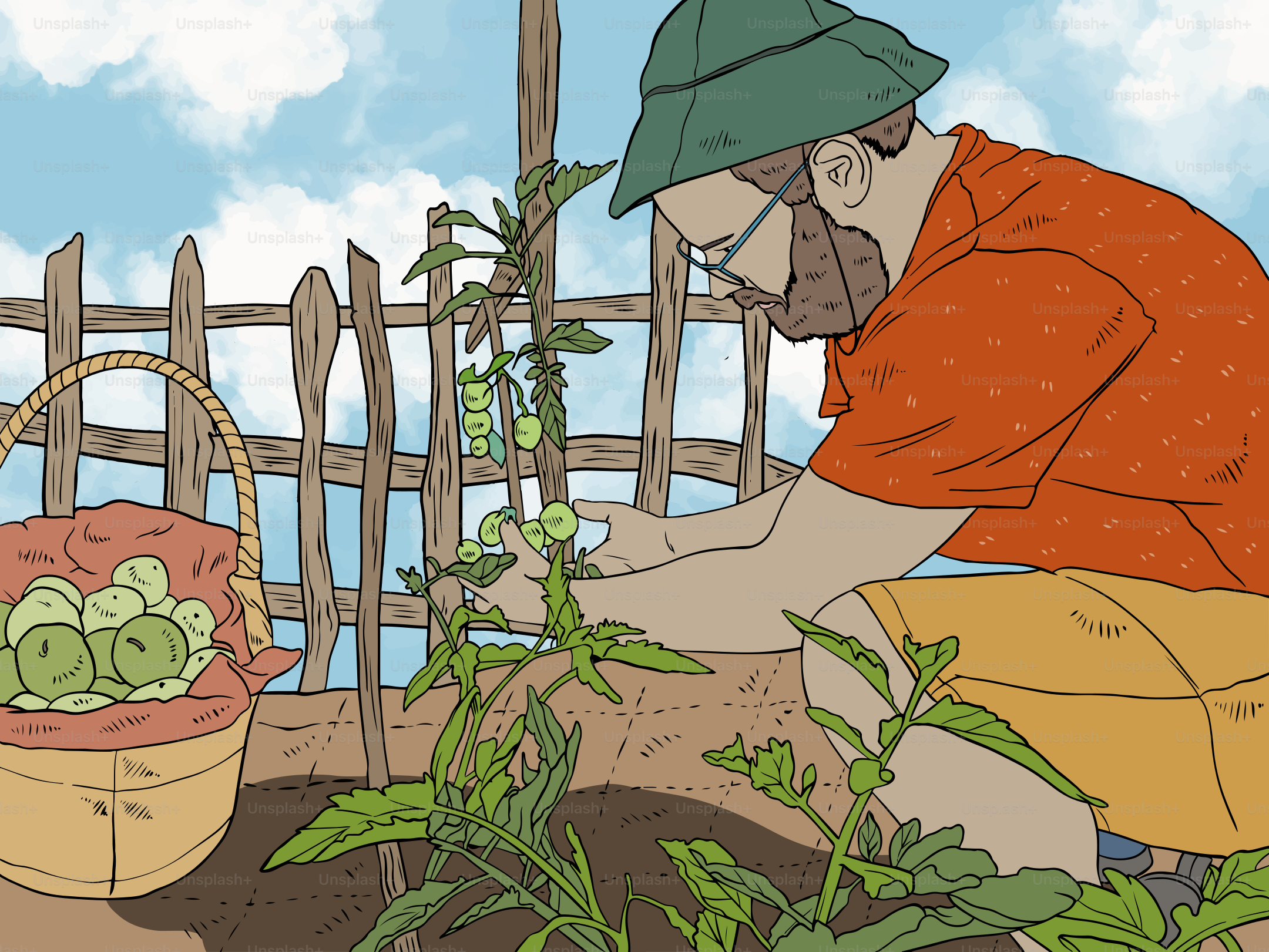 Un uomo si prende cura delle sue piante di pomodoro in un giardino.