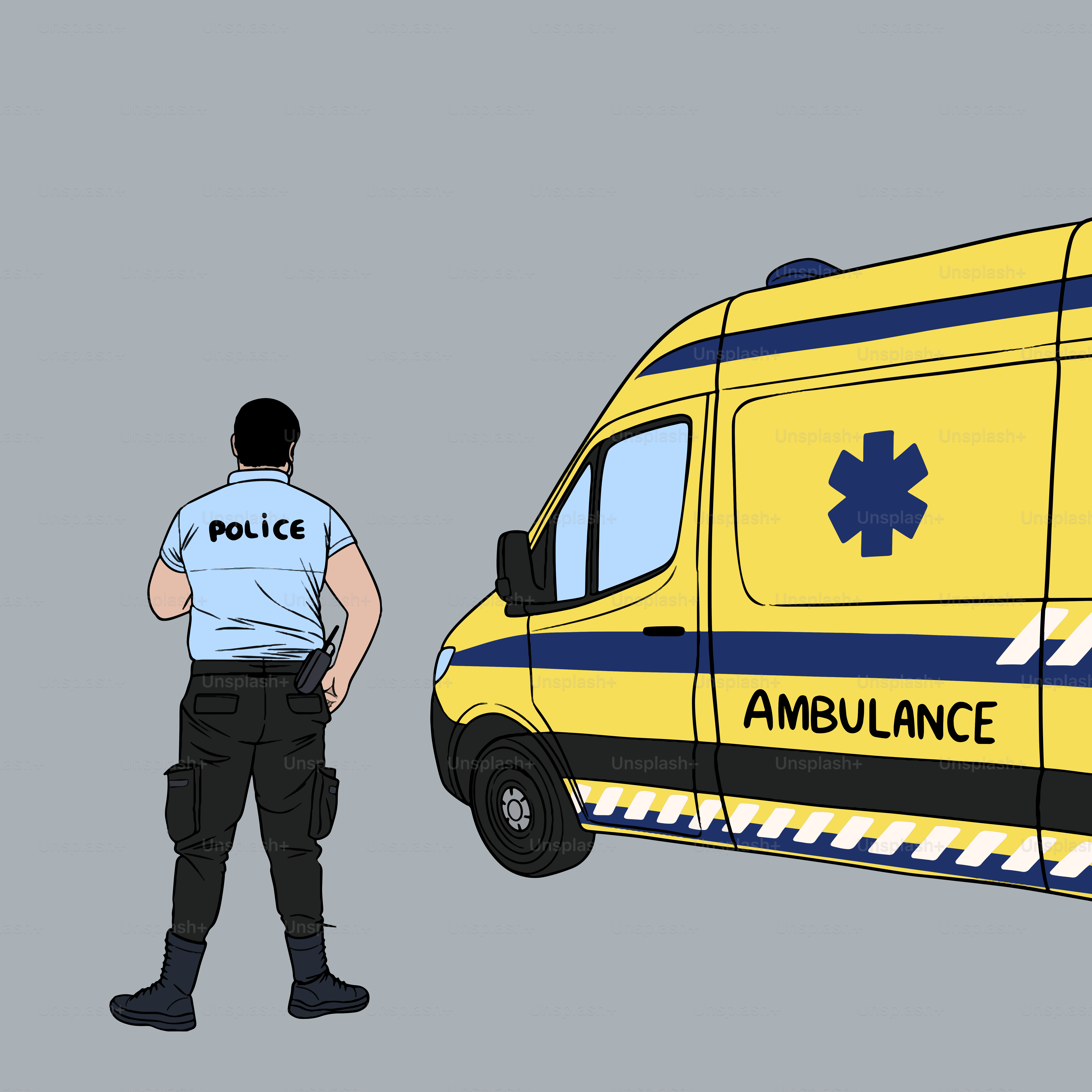A police officer stands near an ambulance.