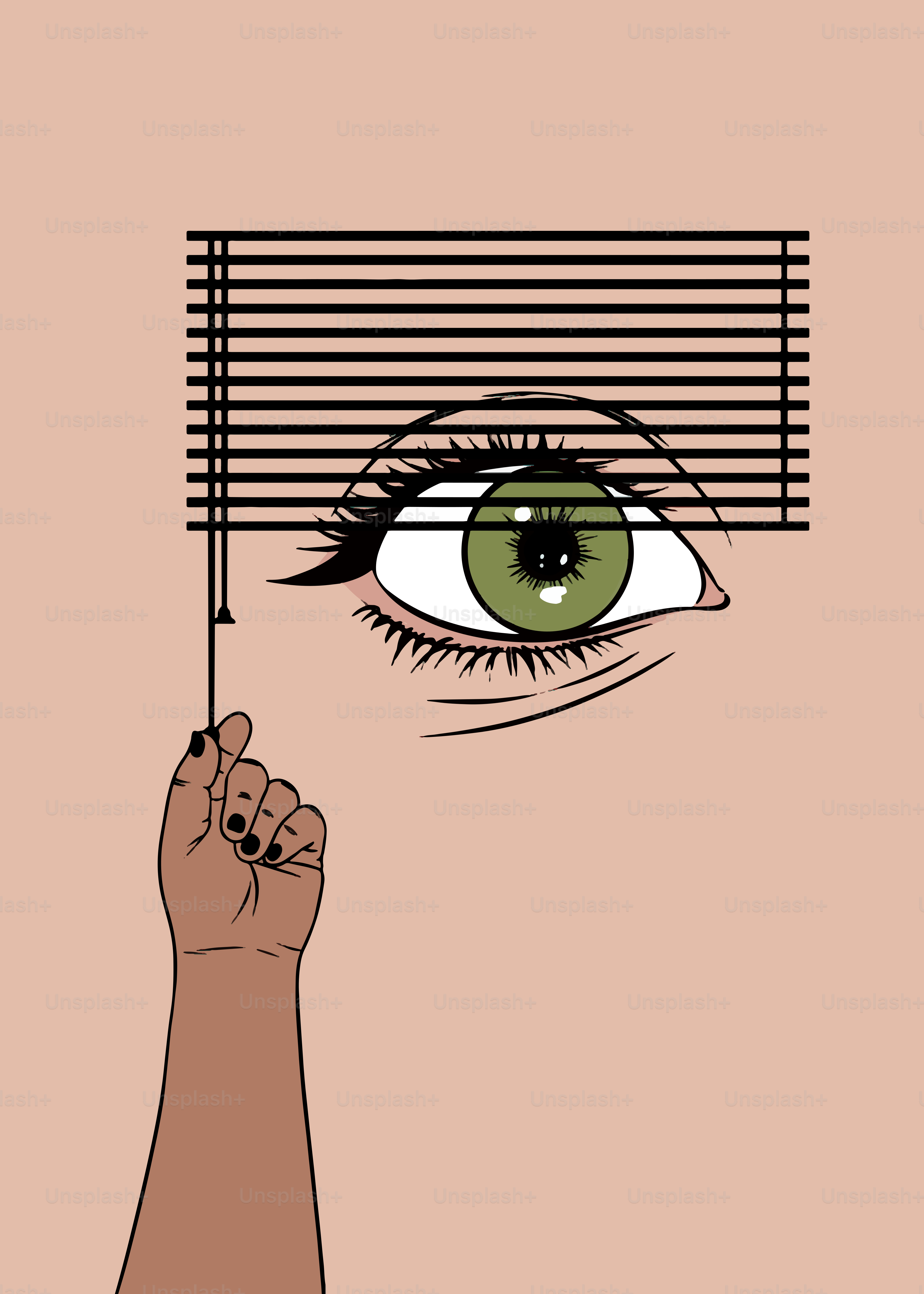 An eye peeks through window blinds, reaching.