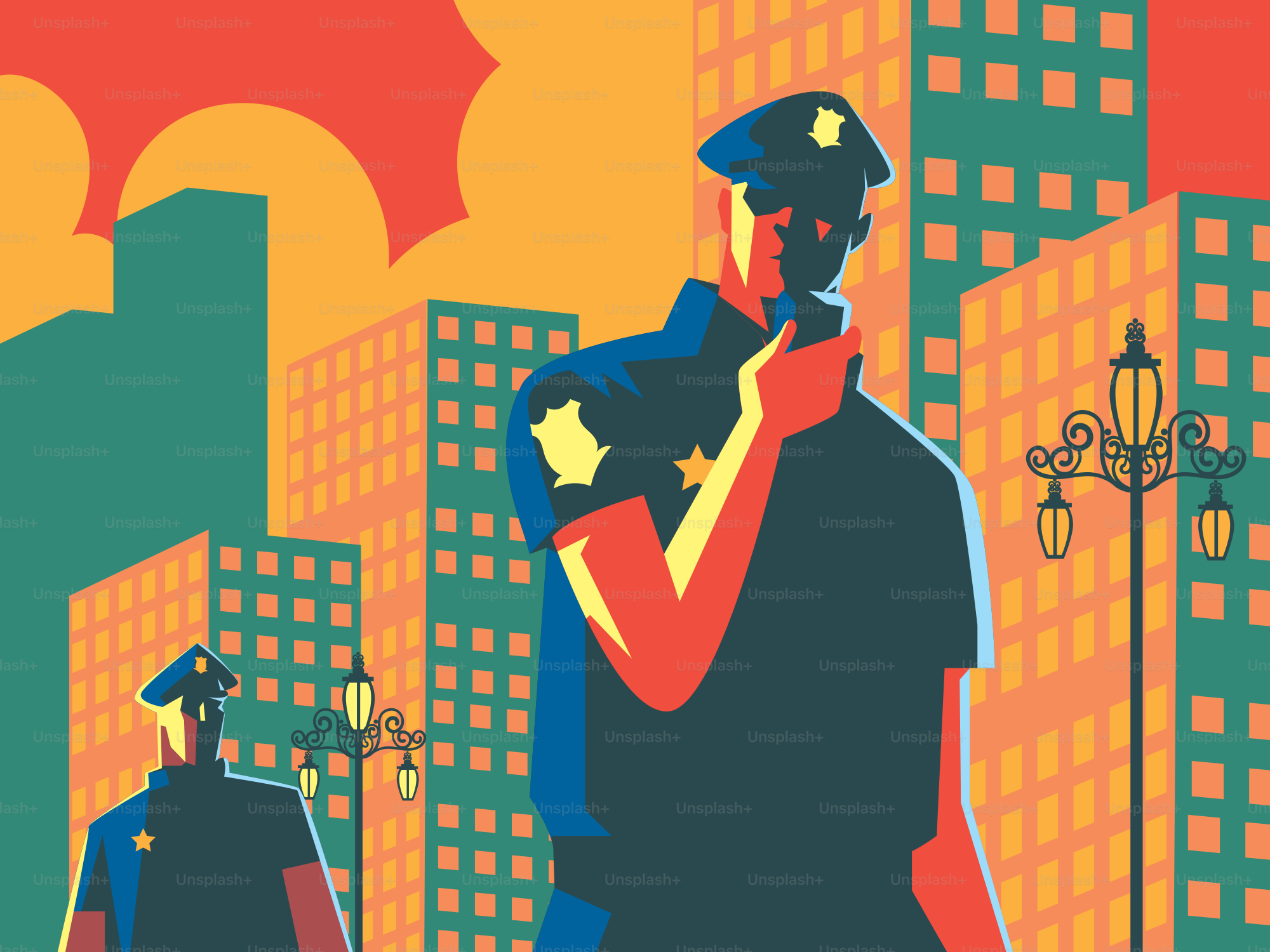 Police officers stand on the city street.