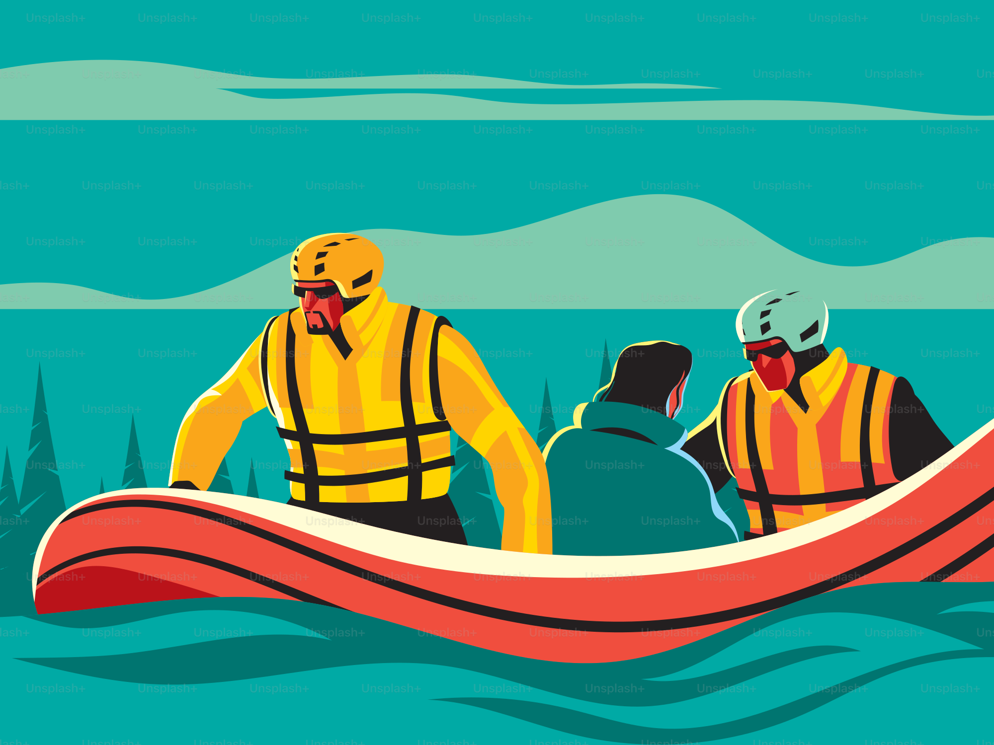 Die Menschen sitzen in einem Boot auf einem Gewässer.