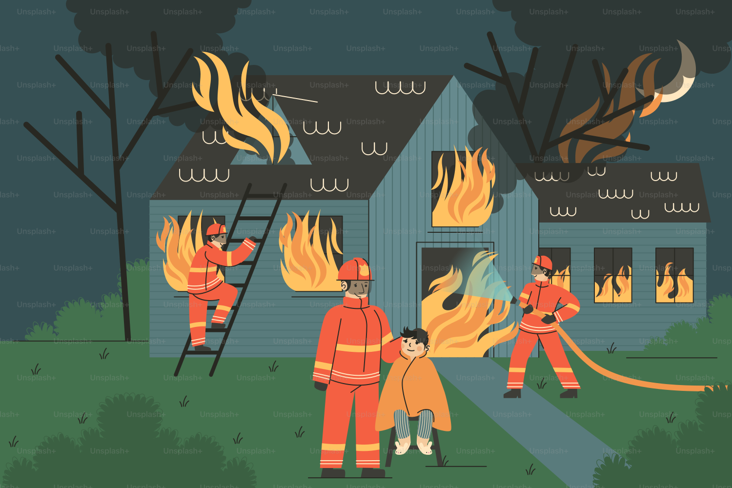 Firefighters fight a blazing house fire at night.