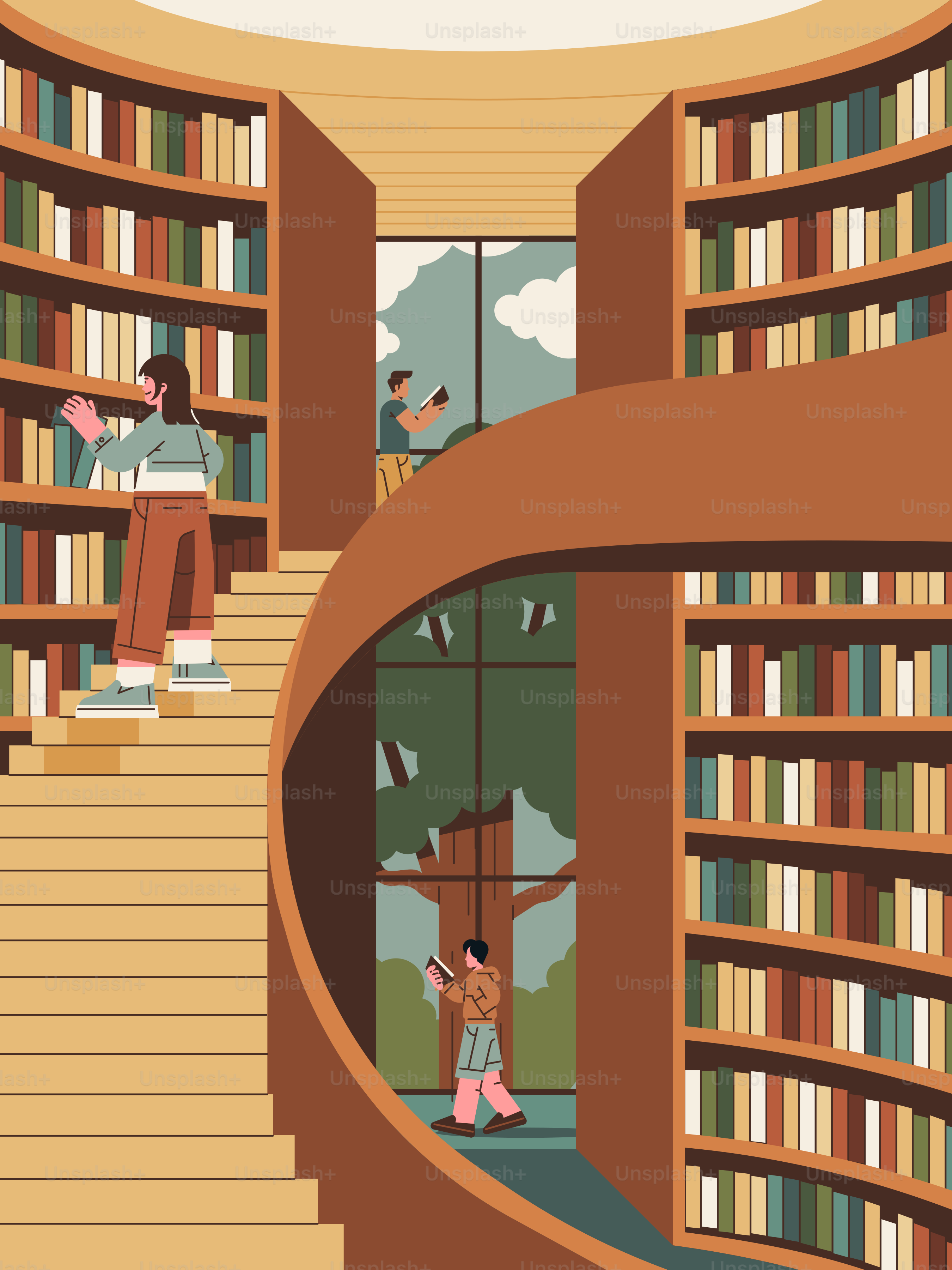 Les gens parcourent des livres dans une belle bibliothèque.