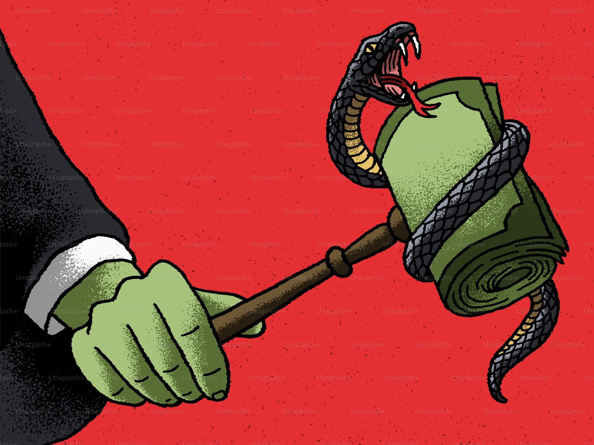 Money is coiled by a snake held as a gavel.