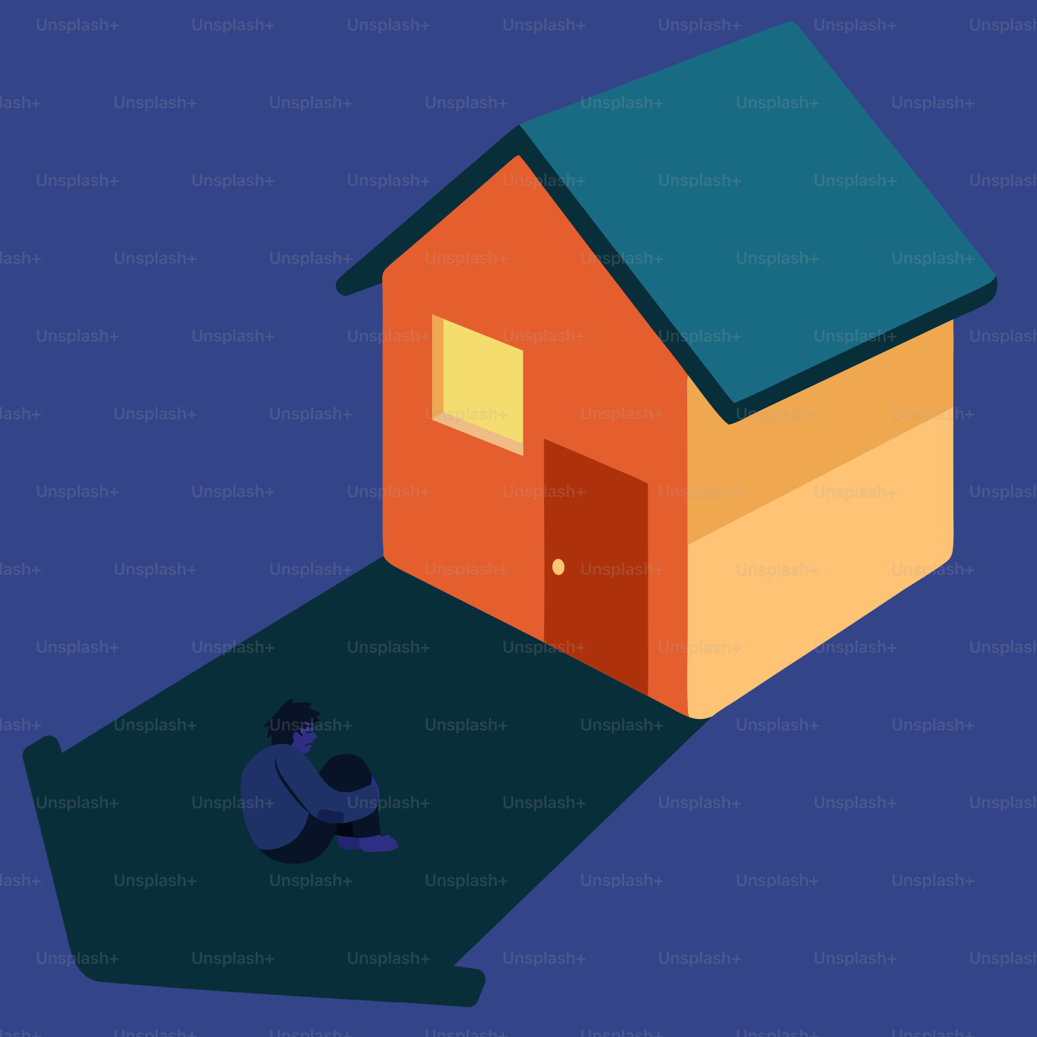 Une personne est assise seule à l’ombre d’une maison.