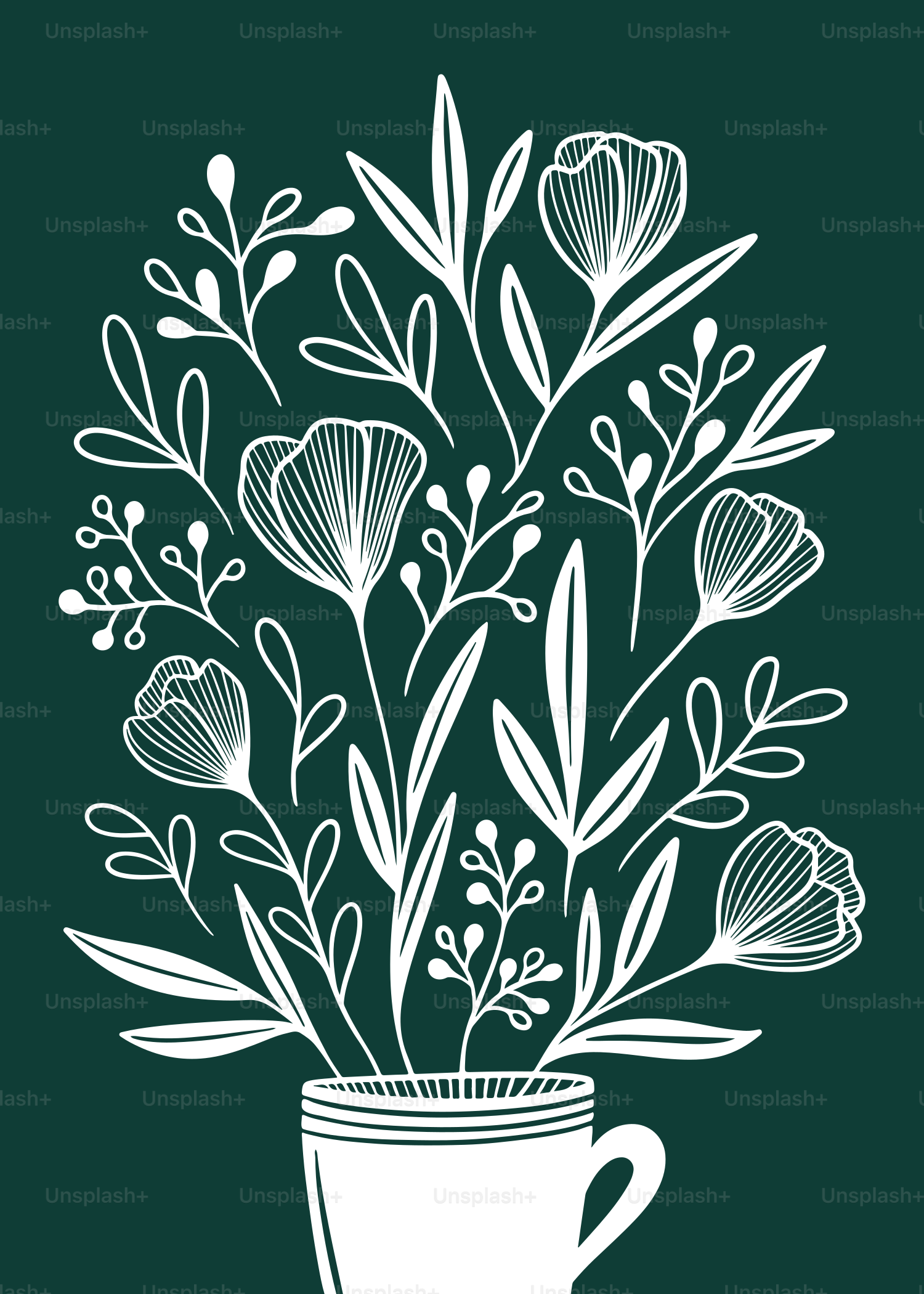 White flowers bloom out of a cup.