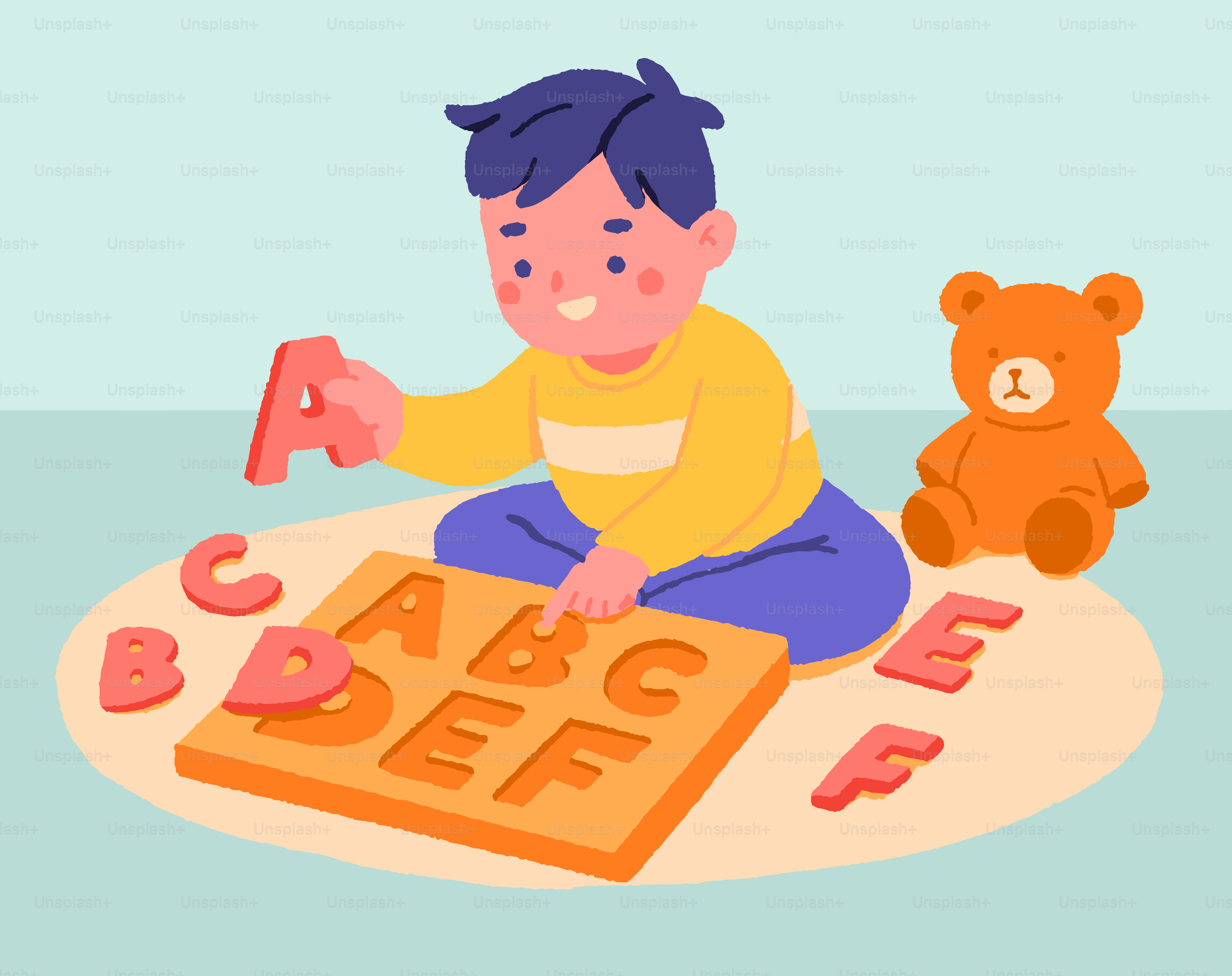 아이가 알파벳 퍼즐과 곰인형을 가지고 놀고 있습니다.