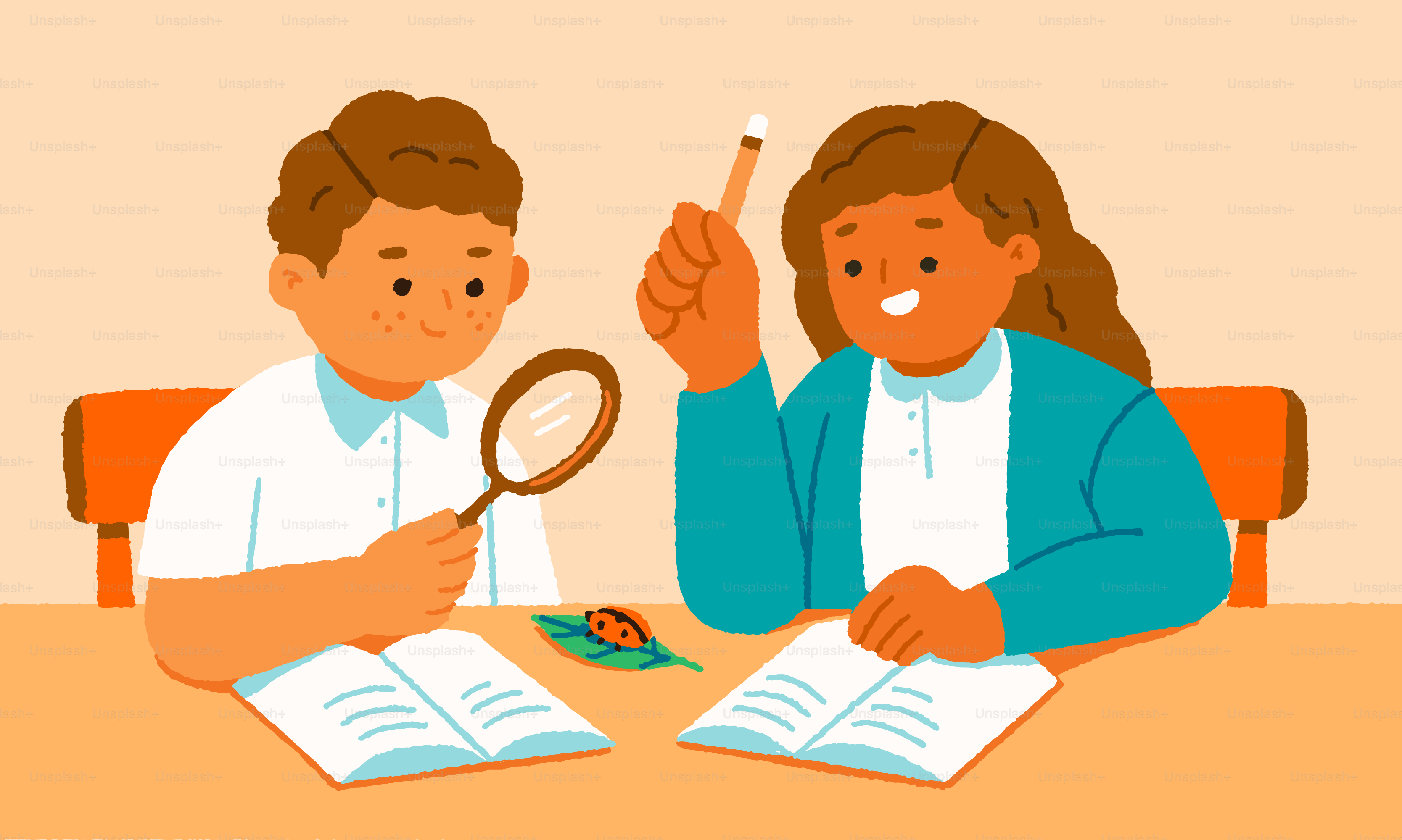 Children are examining a bug with a magnifying glass.