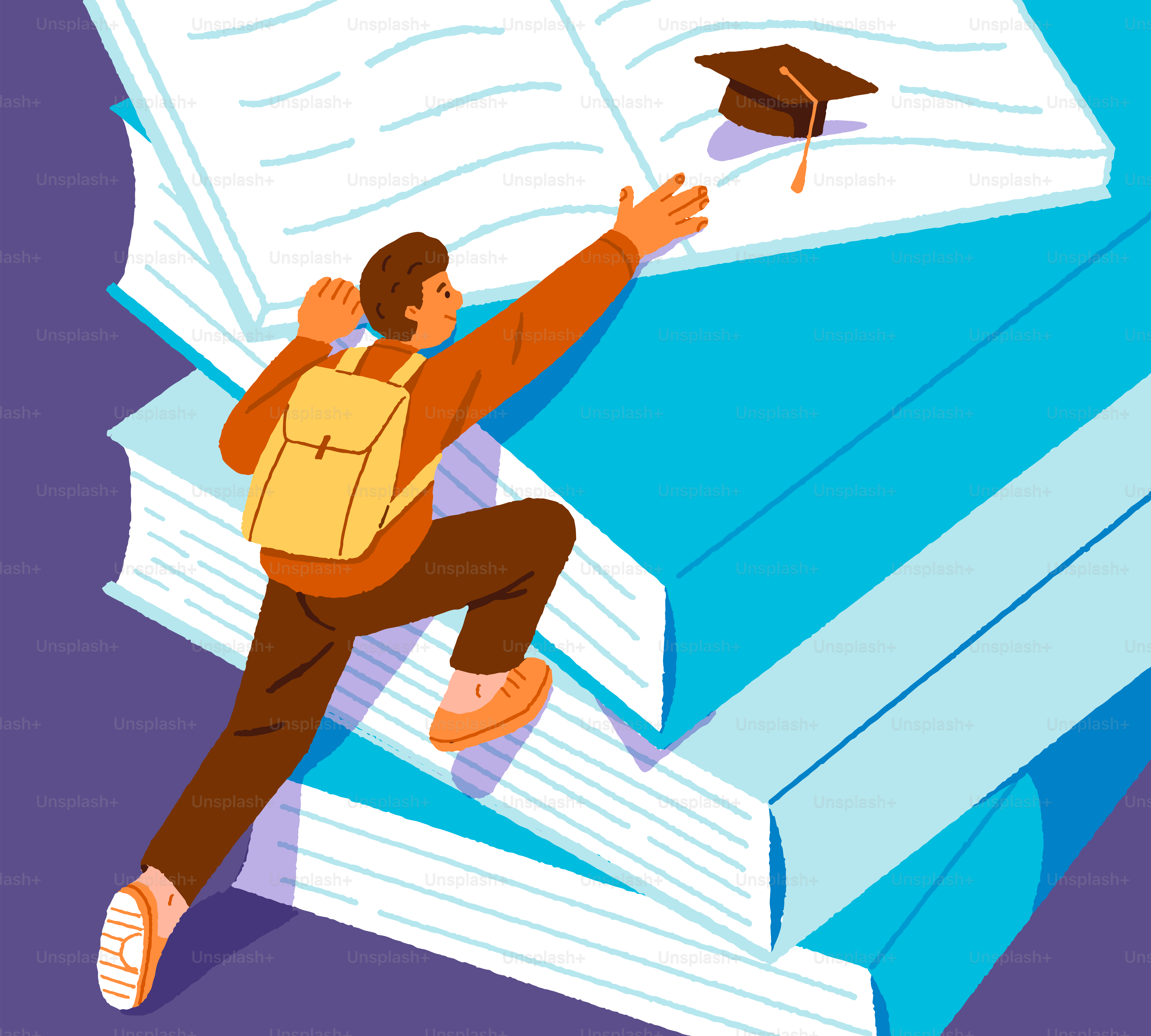 Estudiantes escalando libros hacia el tope de graduación