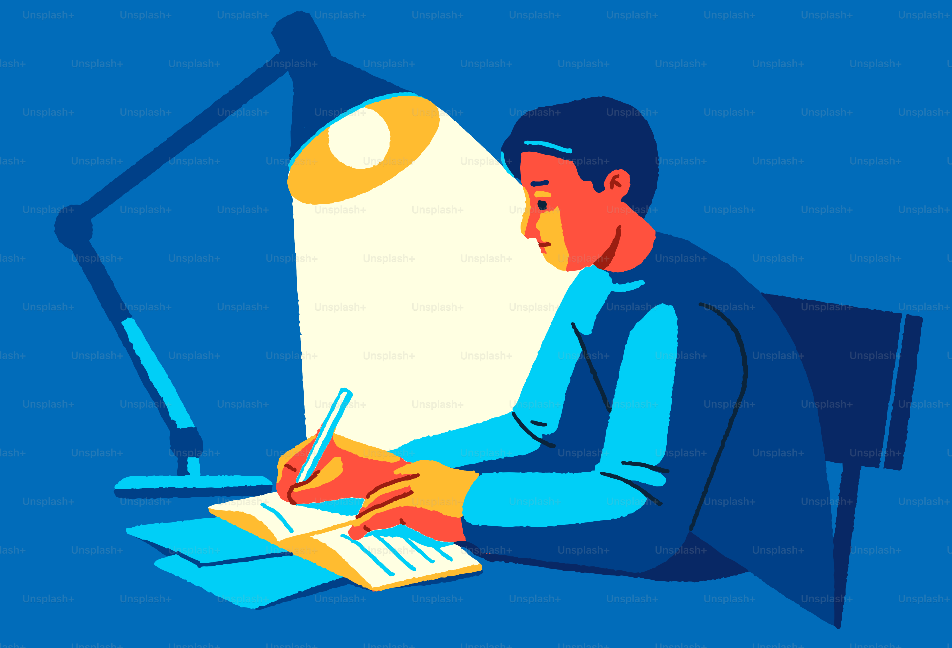 A person is studying under a bright desk lamp.