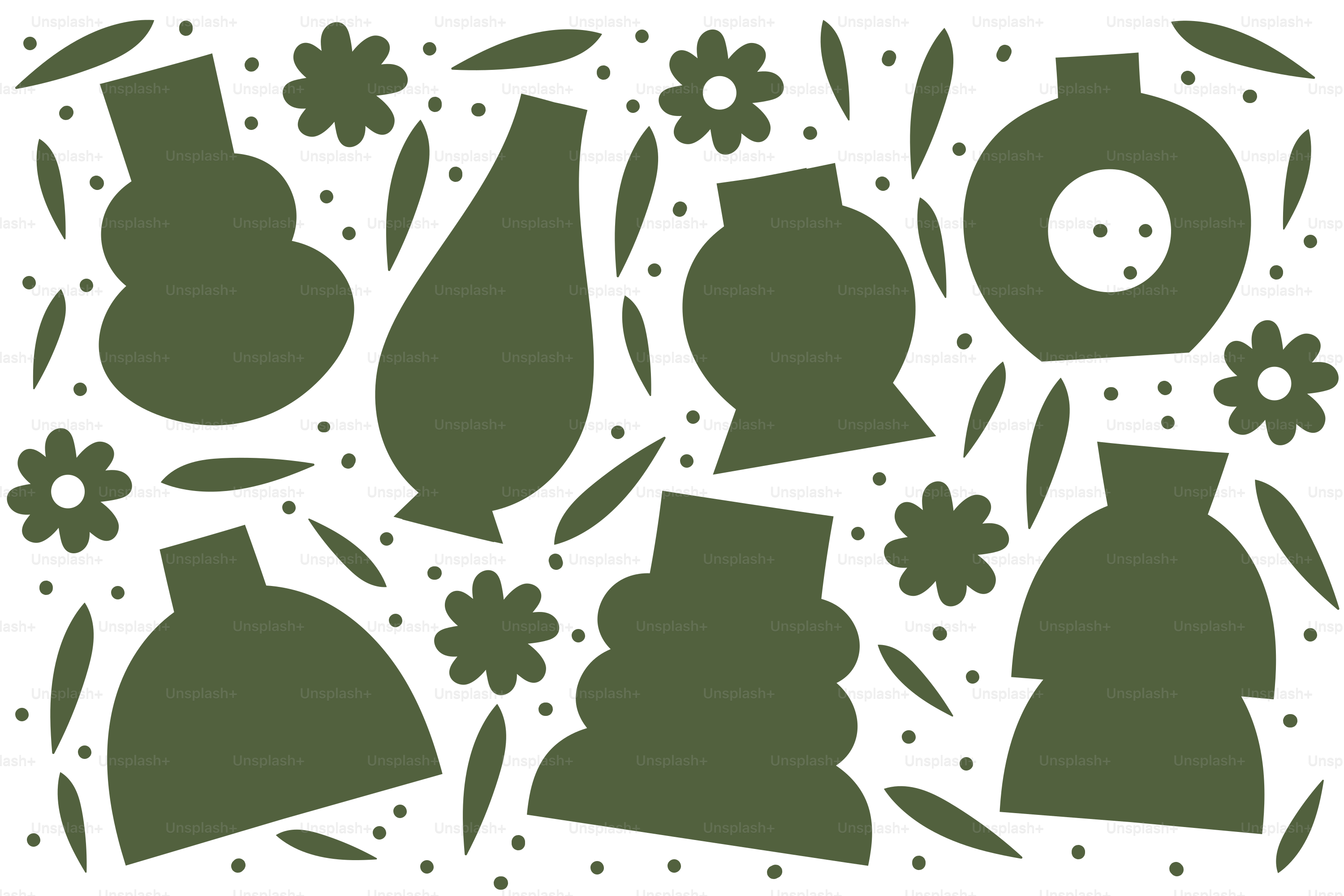Jarrones verdes y elementos florales sobre fondo blanco.