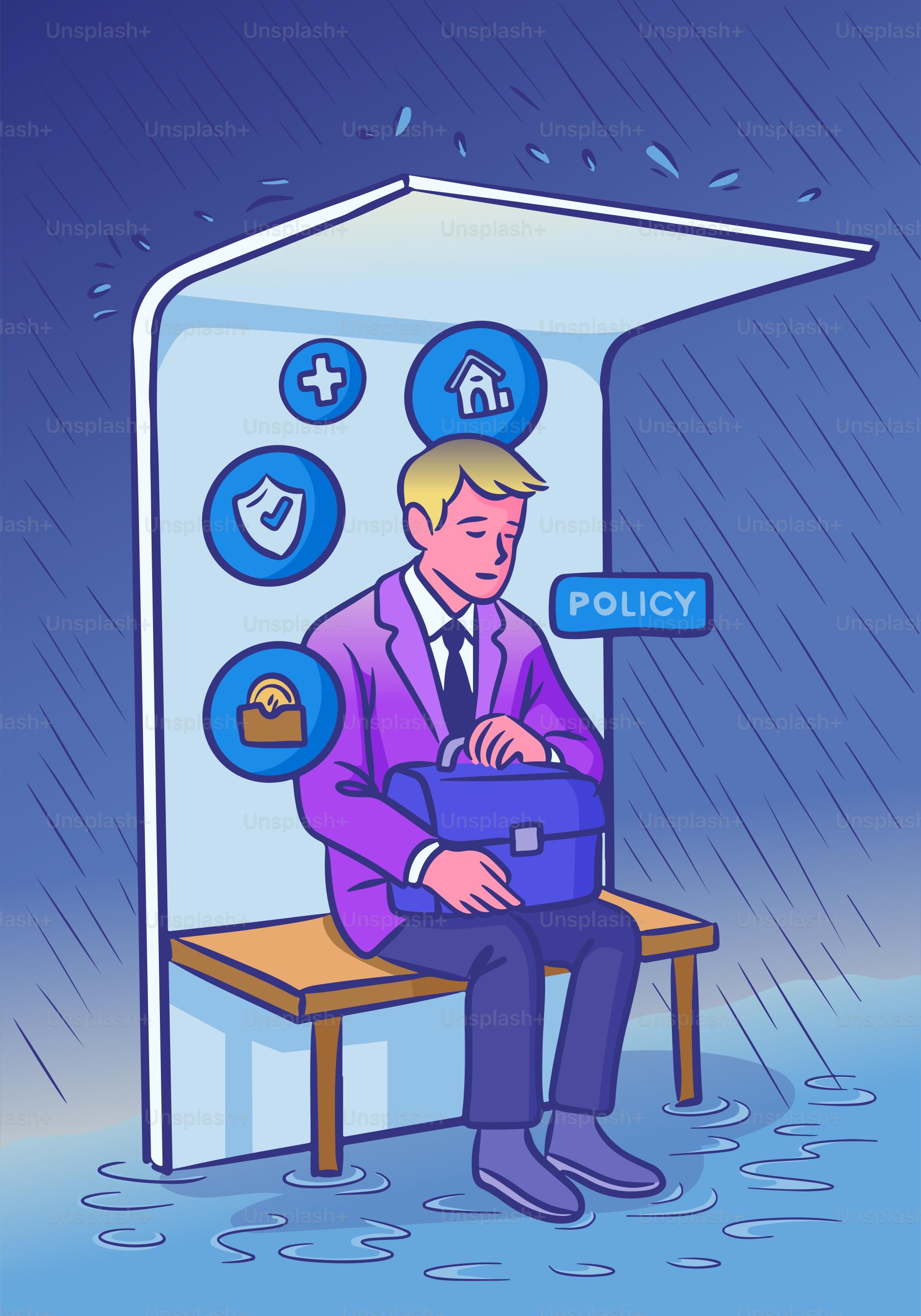 Man sheltered from rain with policy and protection icons.