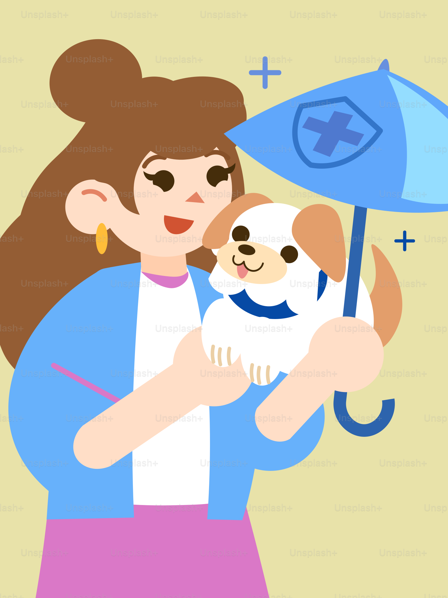 Woman holds puppy, protected by a health umbrella.