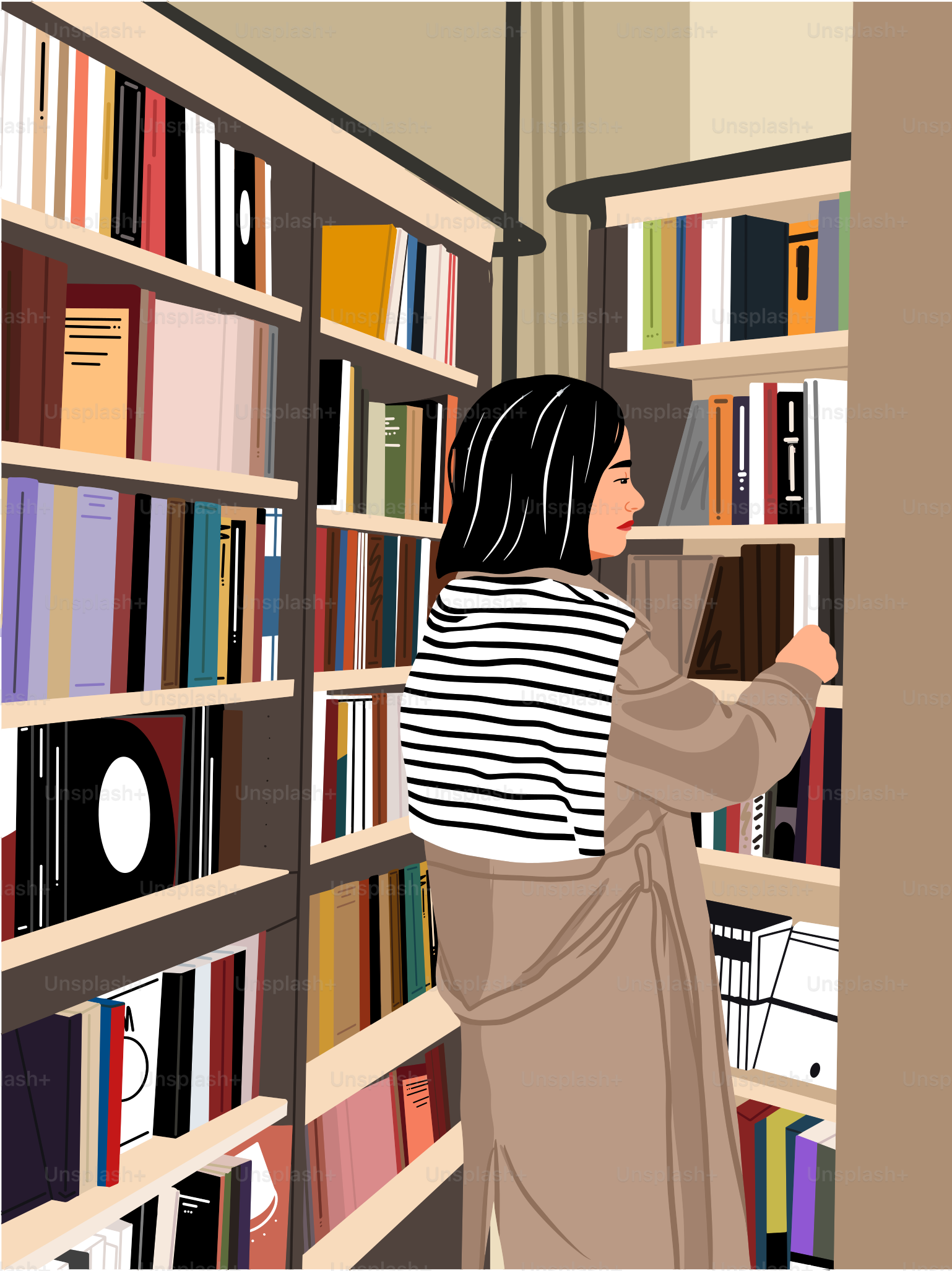 Une femme feuillette des livres dans une bibliothèque bondée.