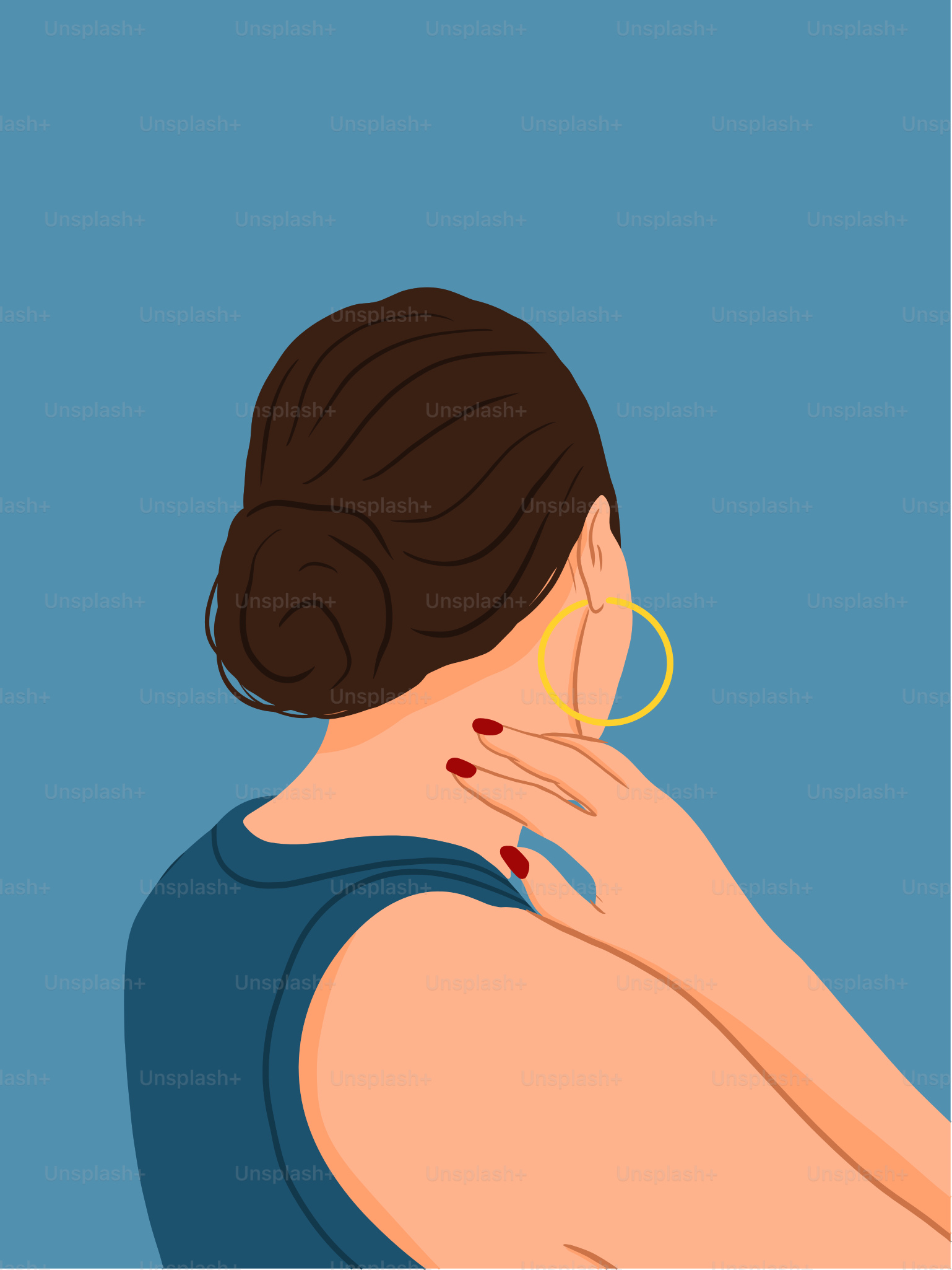 A woman with gold hoops touches her neck.