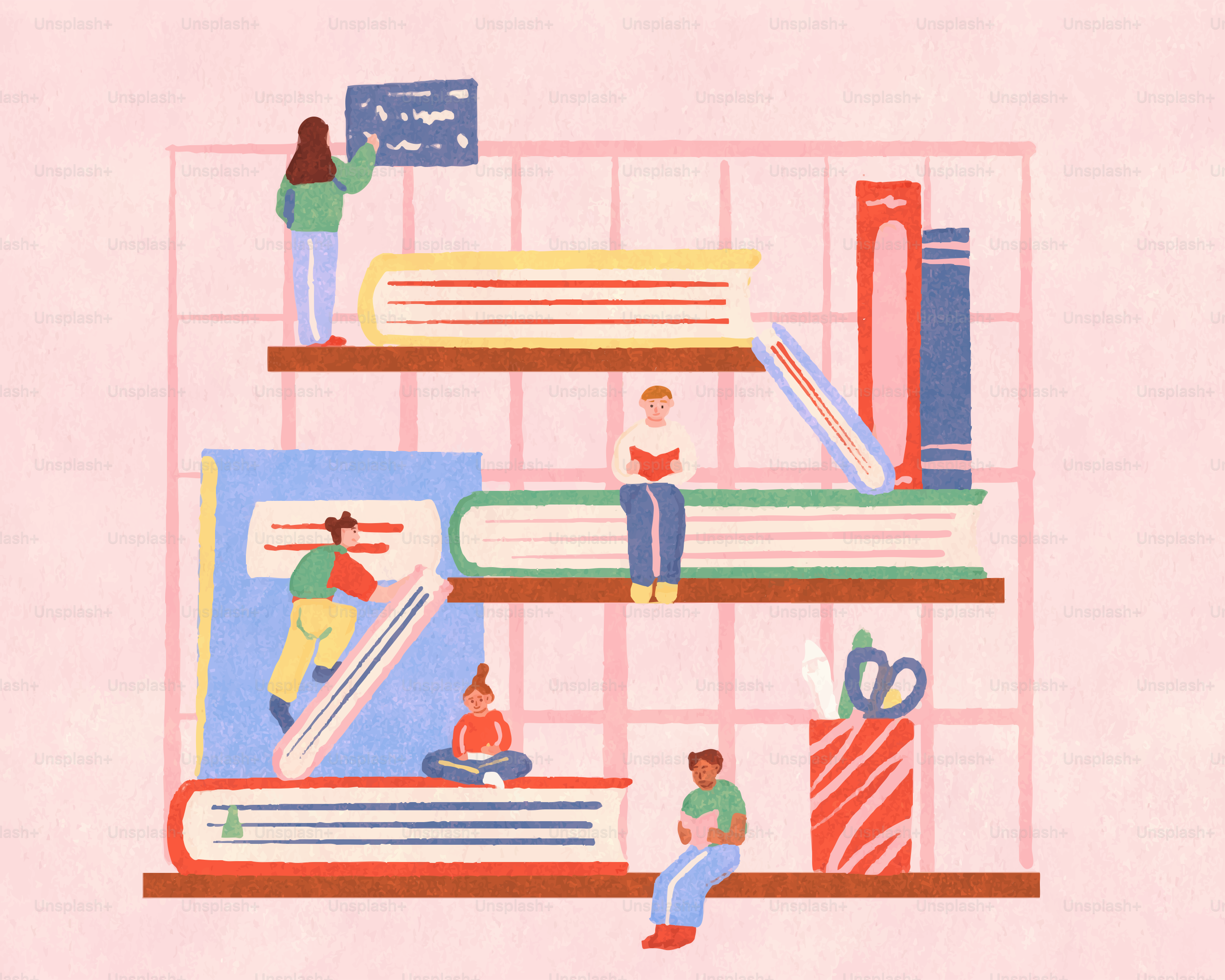 People are reading and working among giant books.