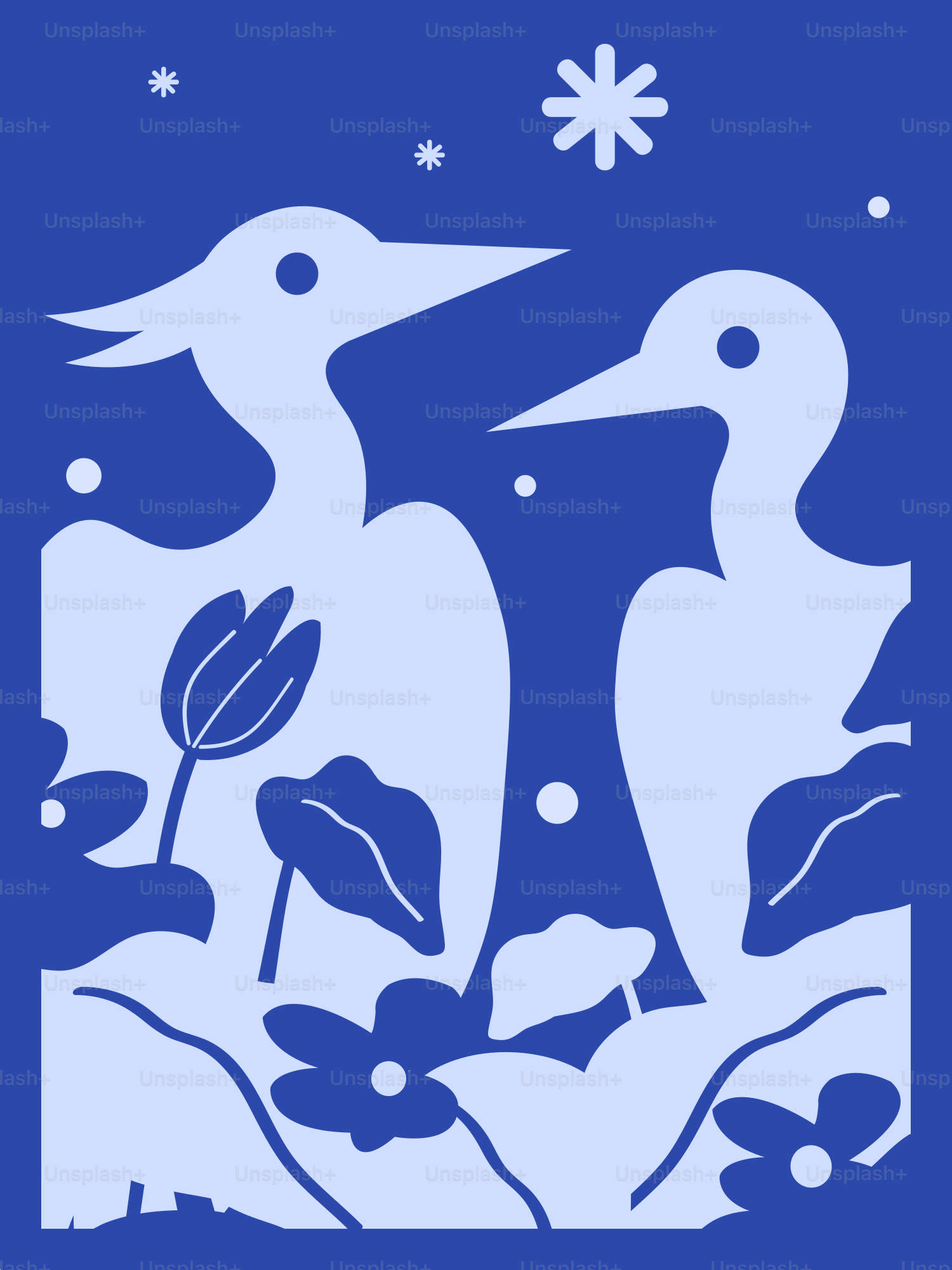 Two birds and flowers in a monochromatic blue art.