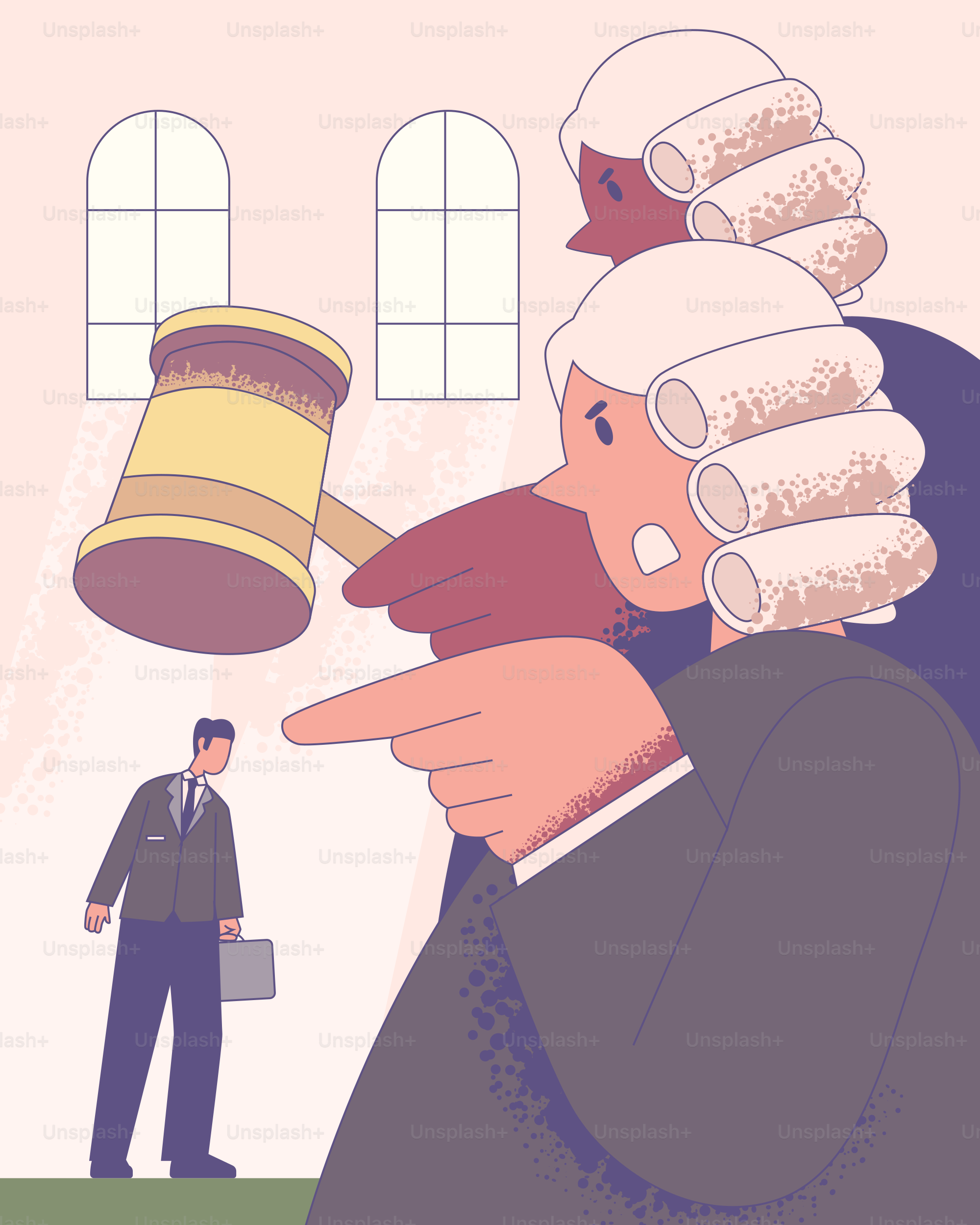 The judge points at a person in the courtroom.