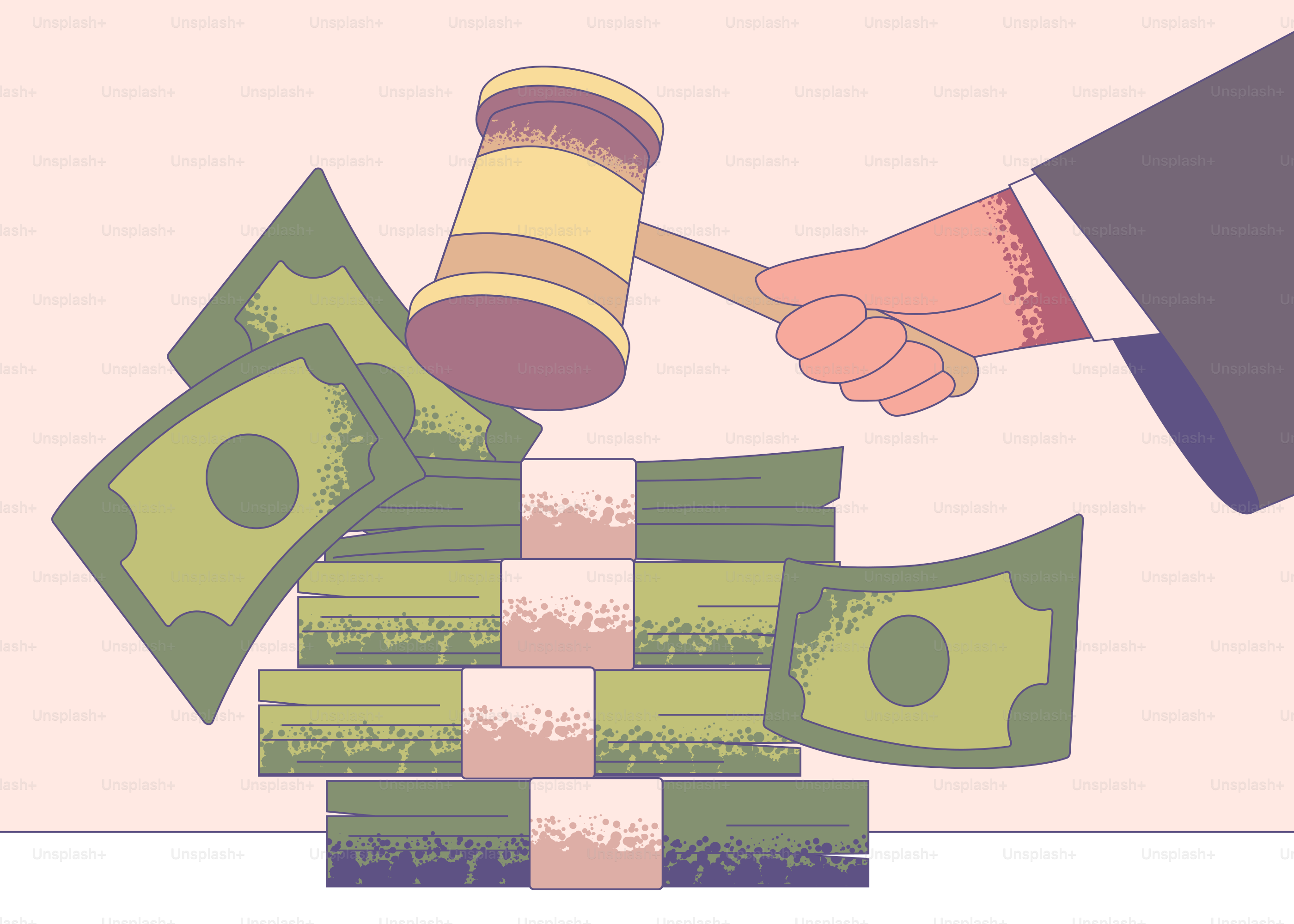A judge wields a gavel over money.