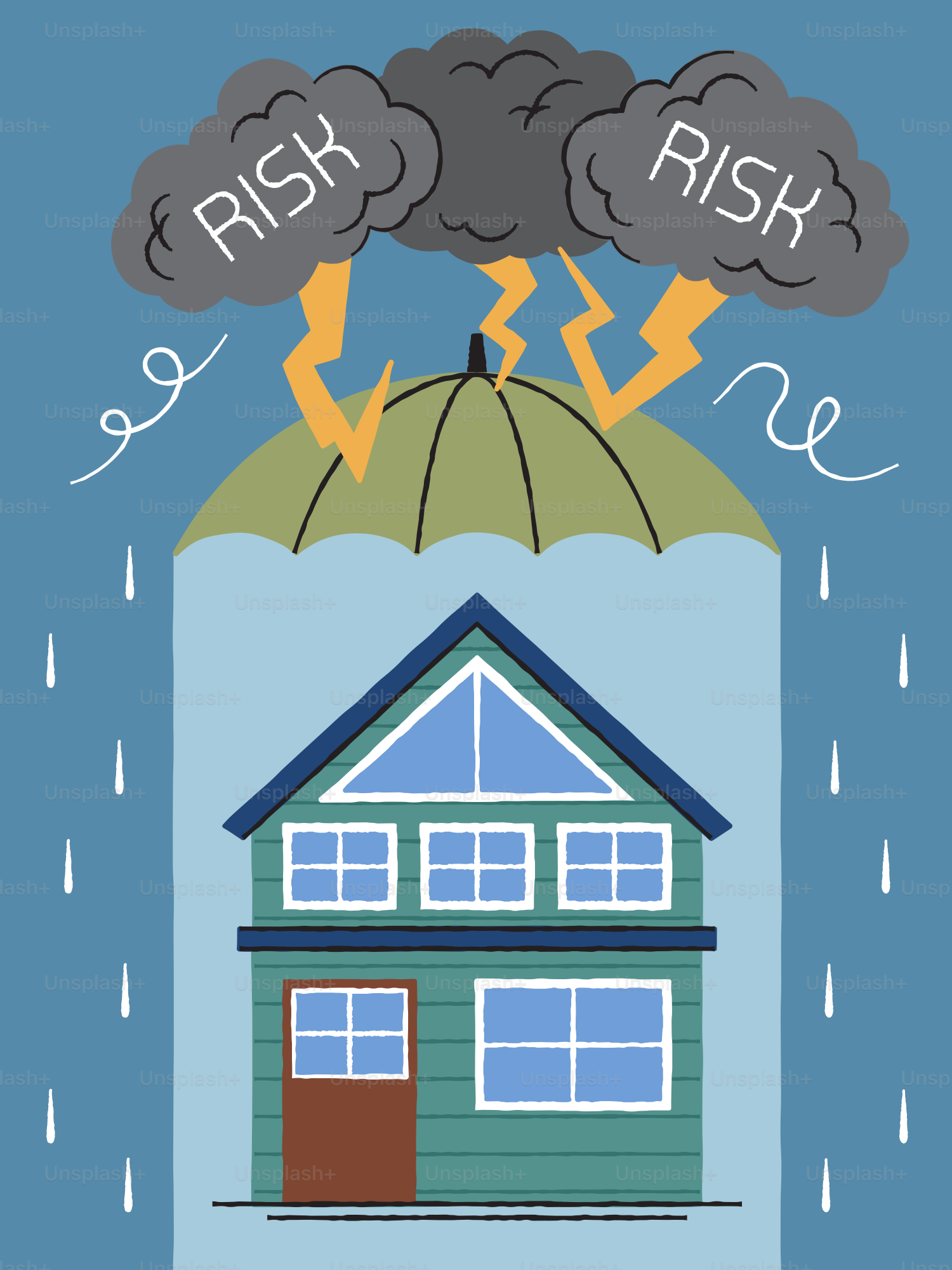 Um guarda-chuva protege uma casa do risco.