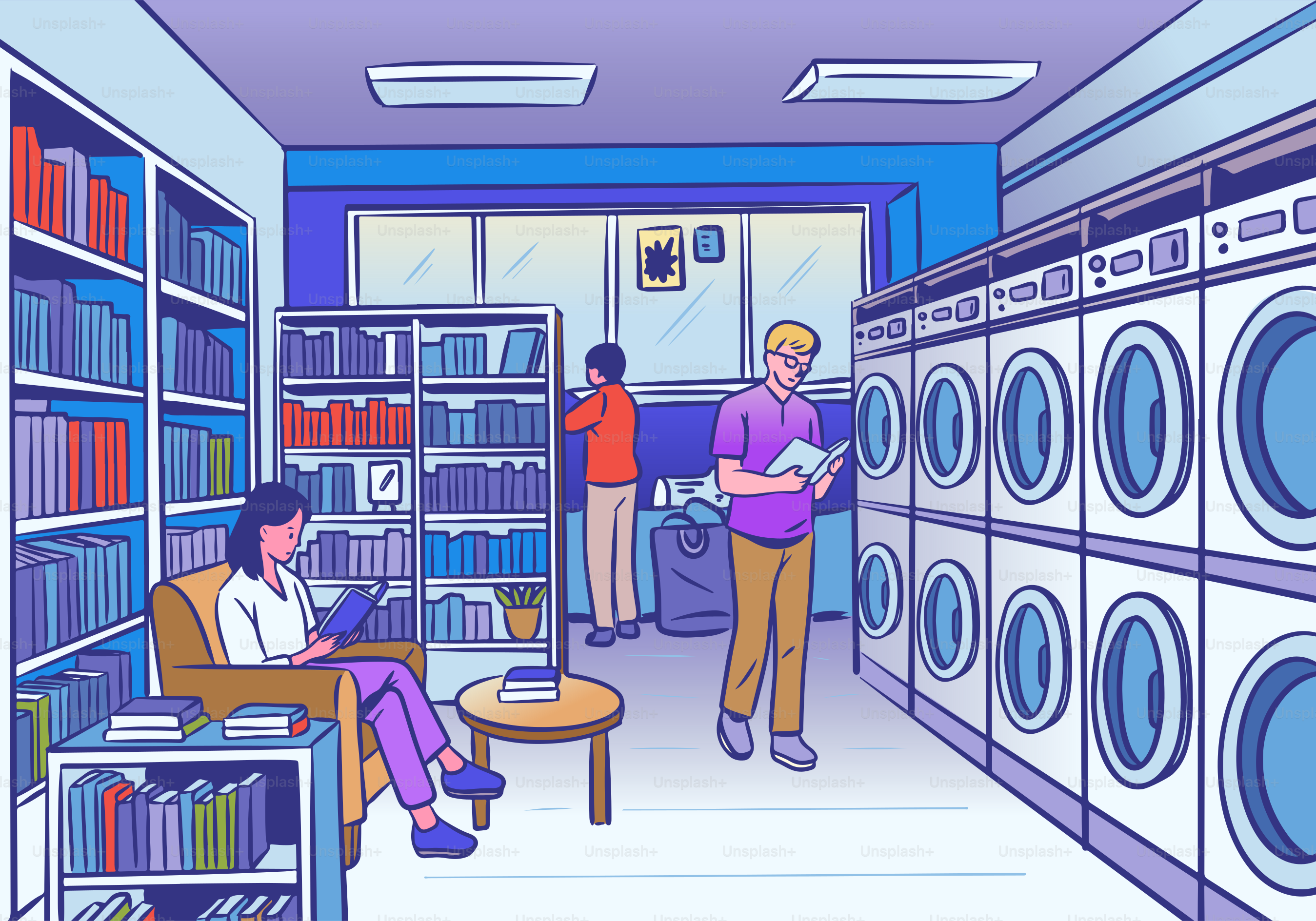 People read books in a library-like laundromat.