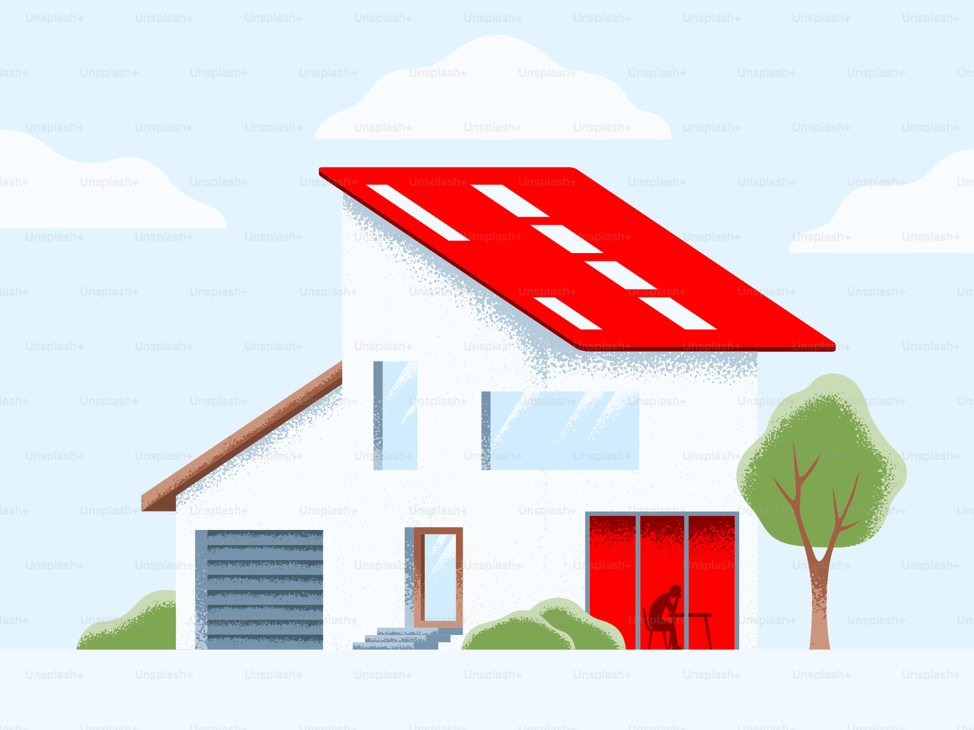 A modern house with a red roof.