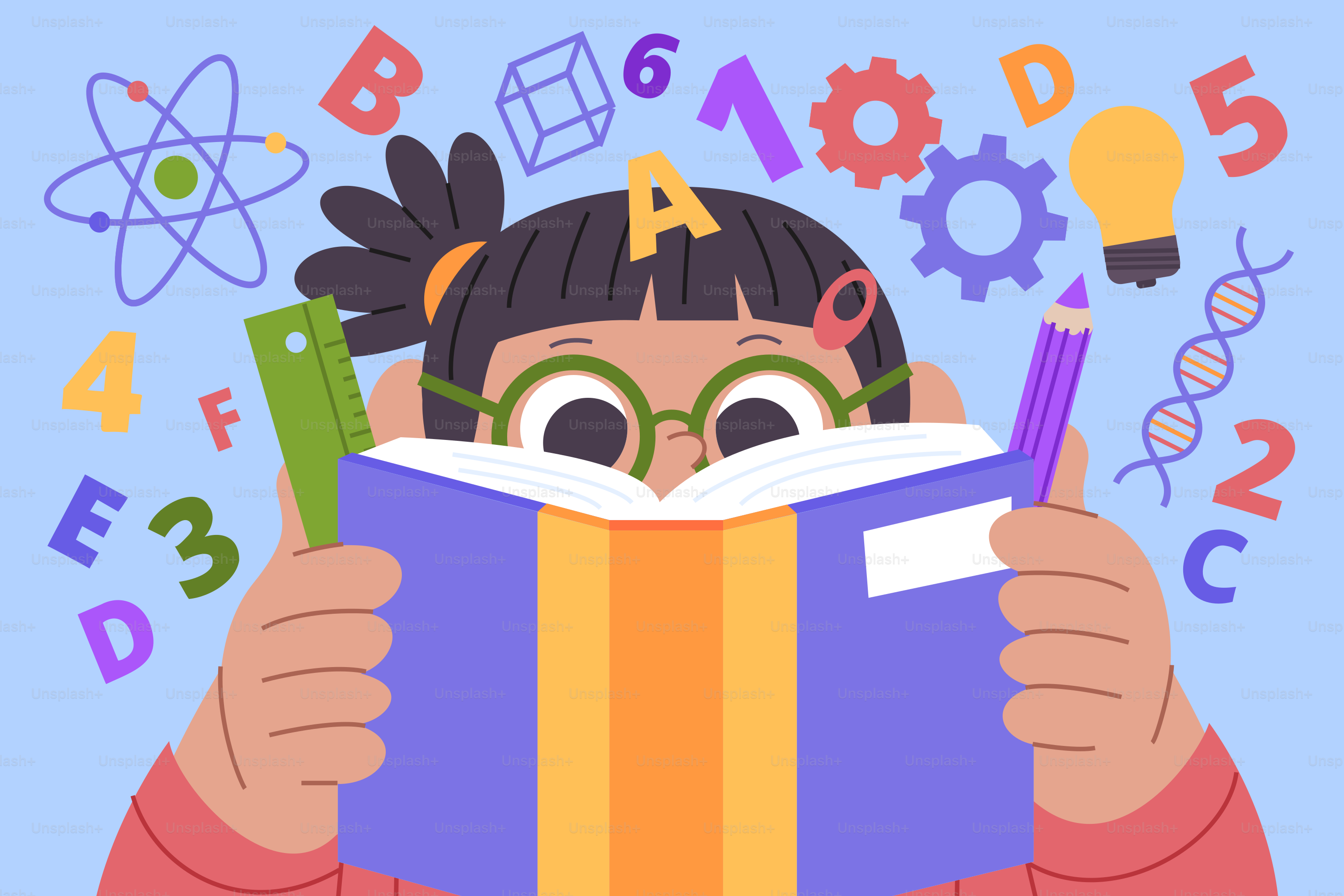 A girl reads a book with education elements.