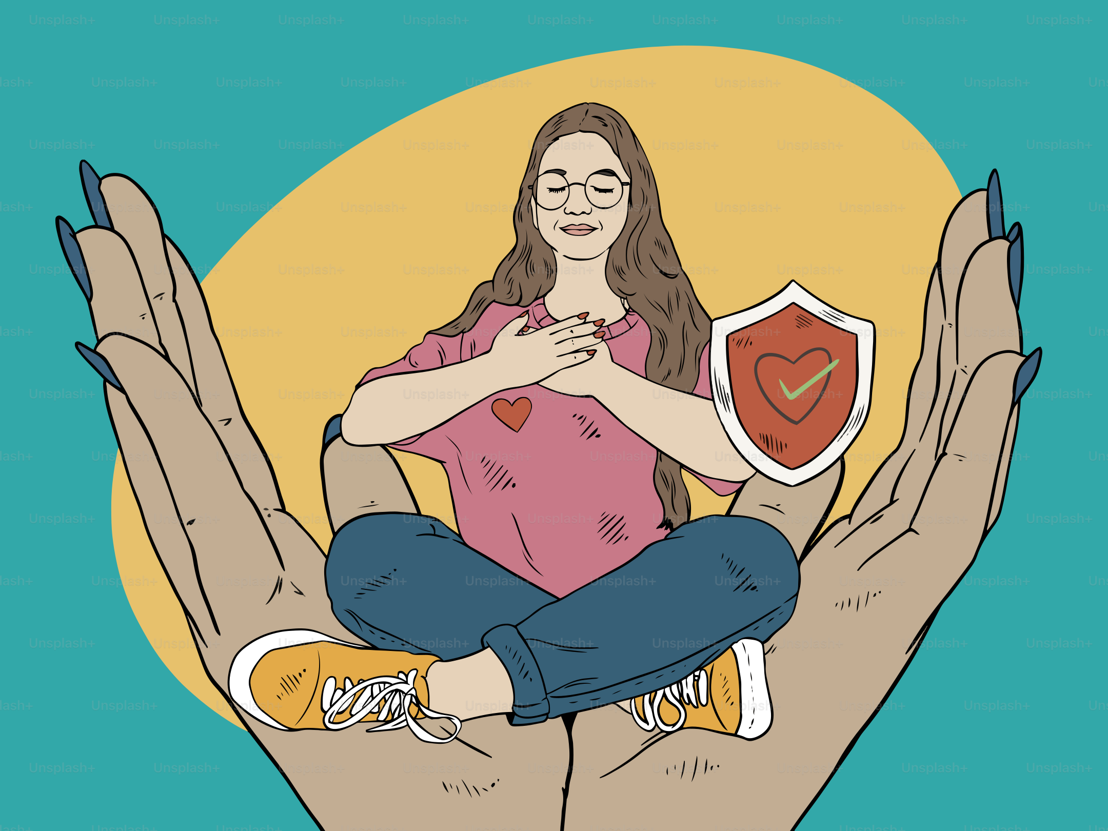 A woman meditates with a shield of love.