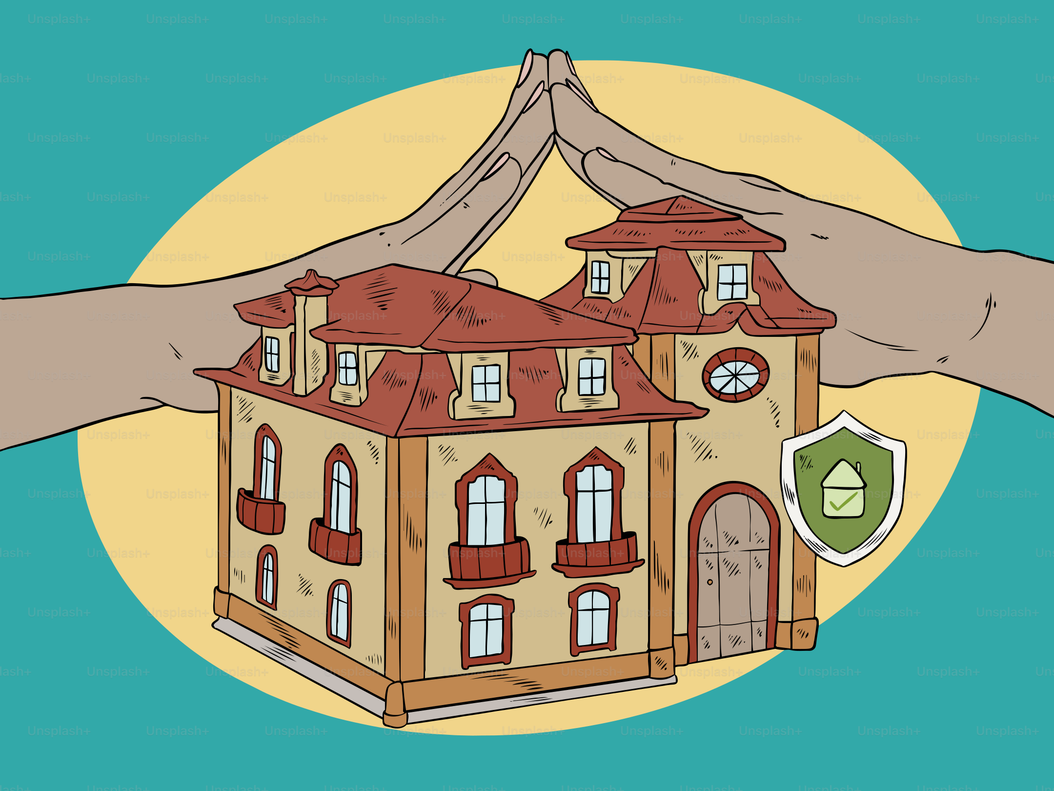 Hands protect a house, representing protection.