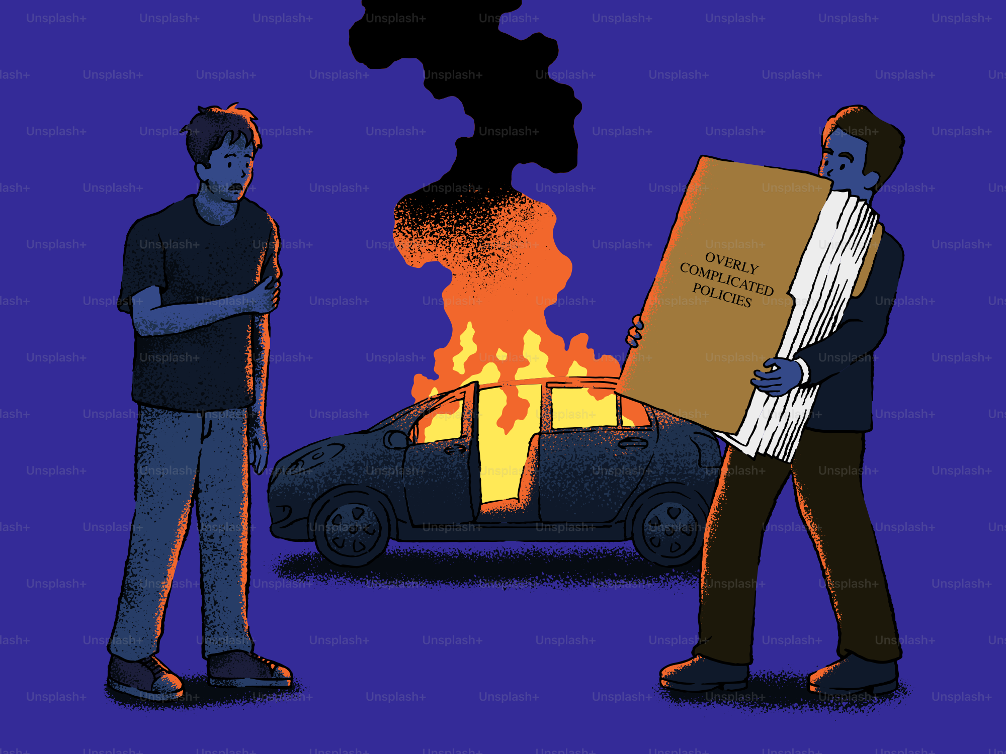 A burning car, book, and two men.