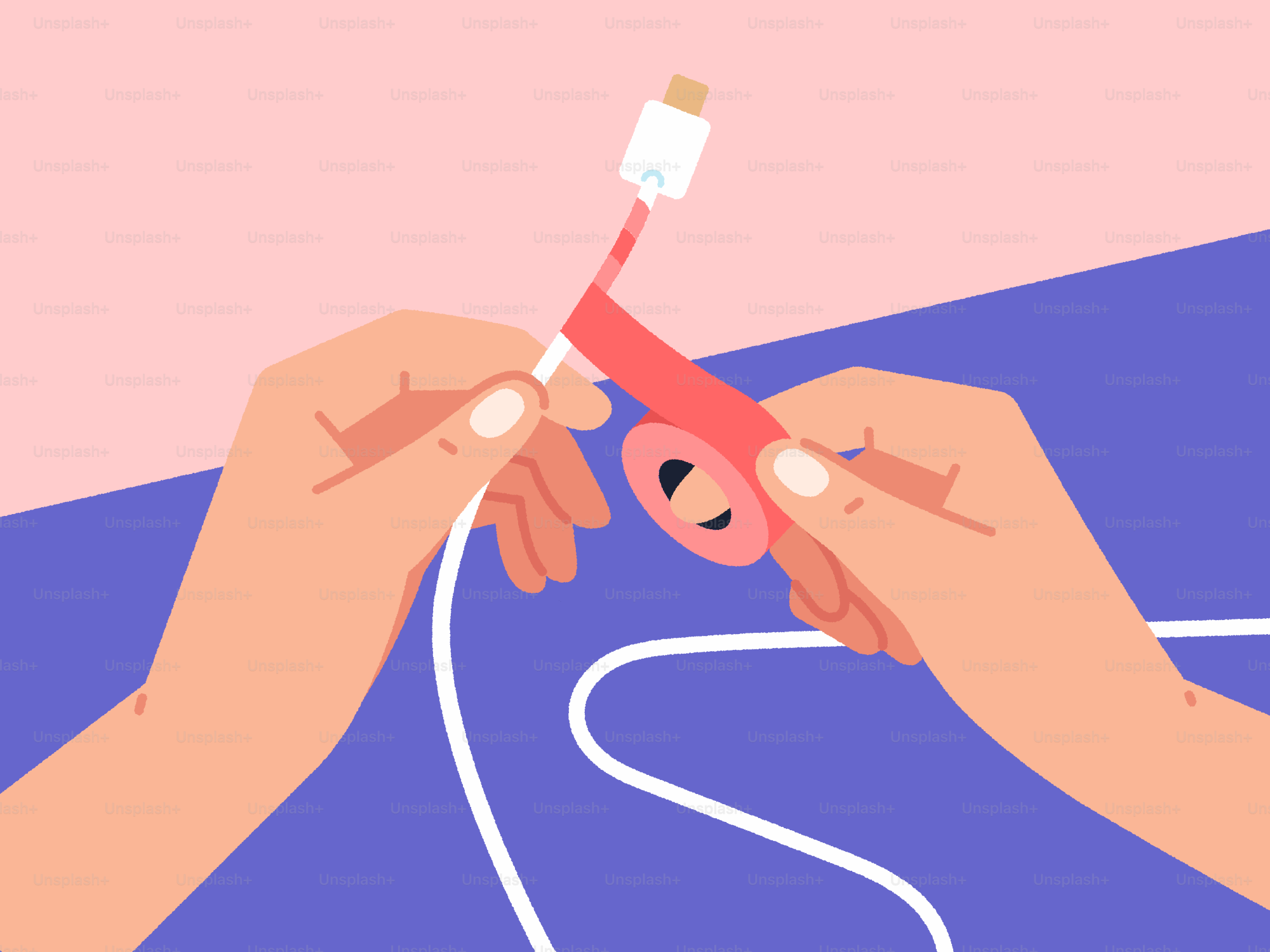 Hands are using a cable protector on a charging cable.