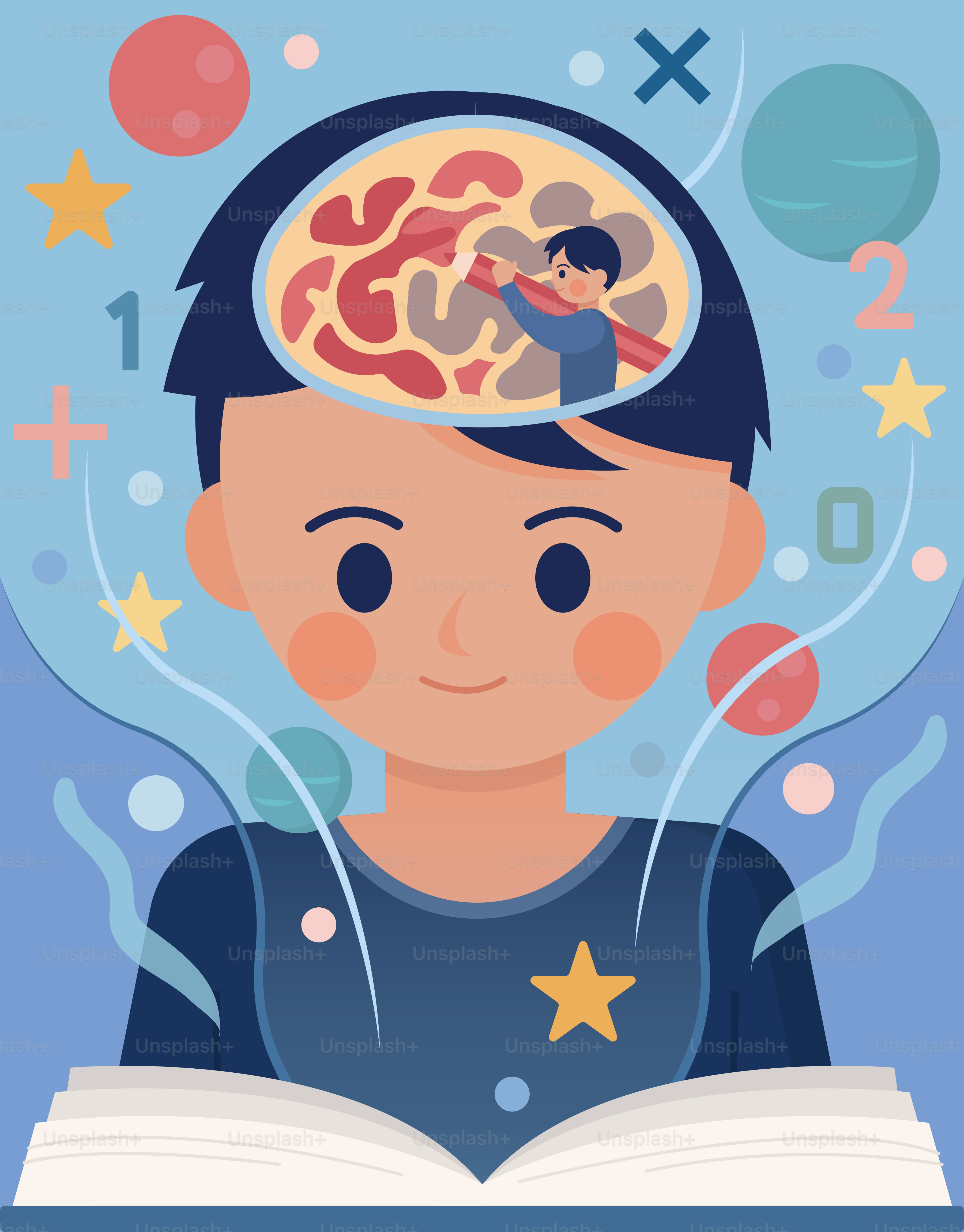 A child's brain explores knowledge through reading.