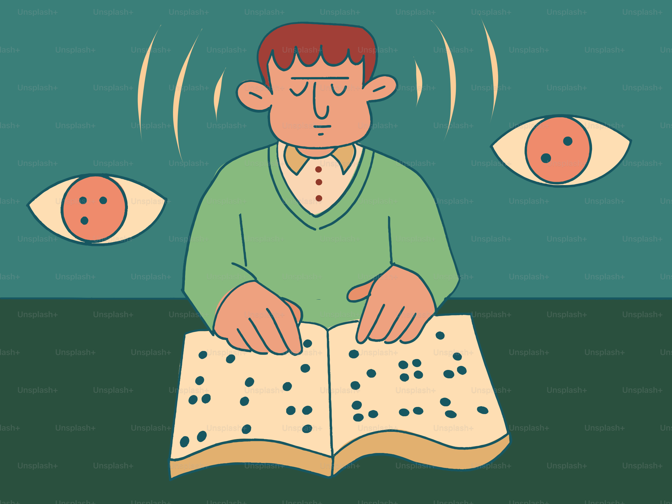 A blind person reads braille using other senses.